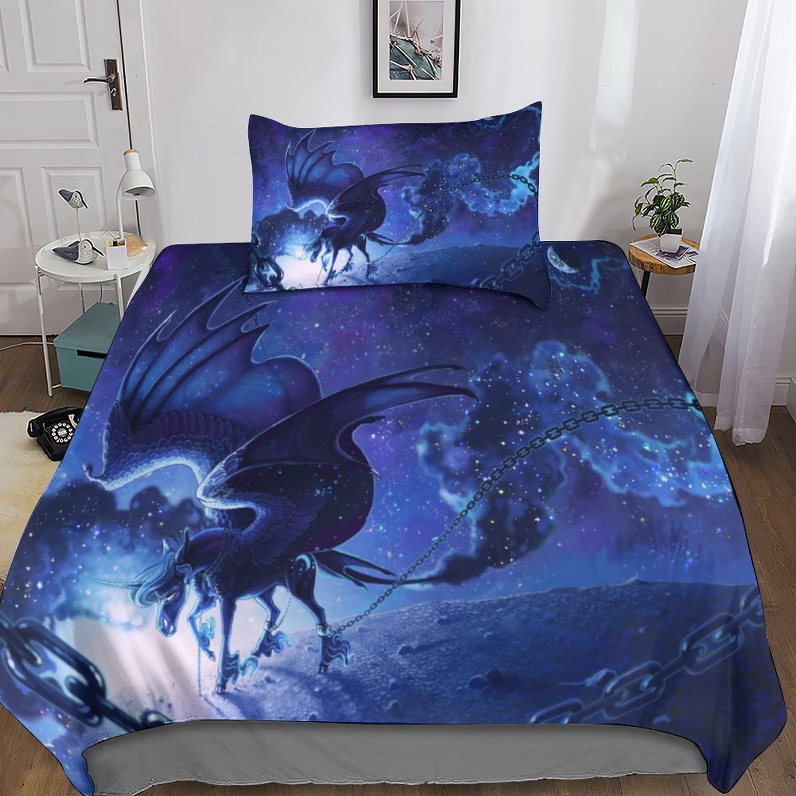 Housse de couette dragon 3D GalaxieSky parure de lit microfibre 135x200cm taies d'oreillers