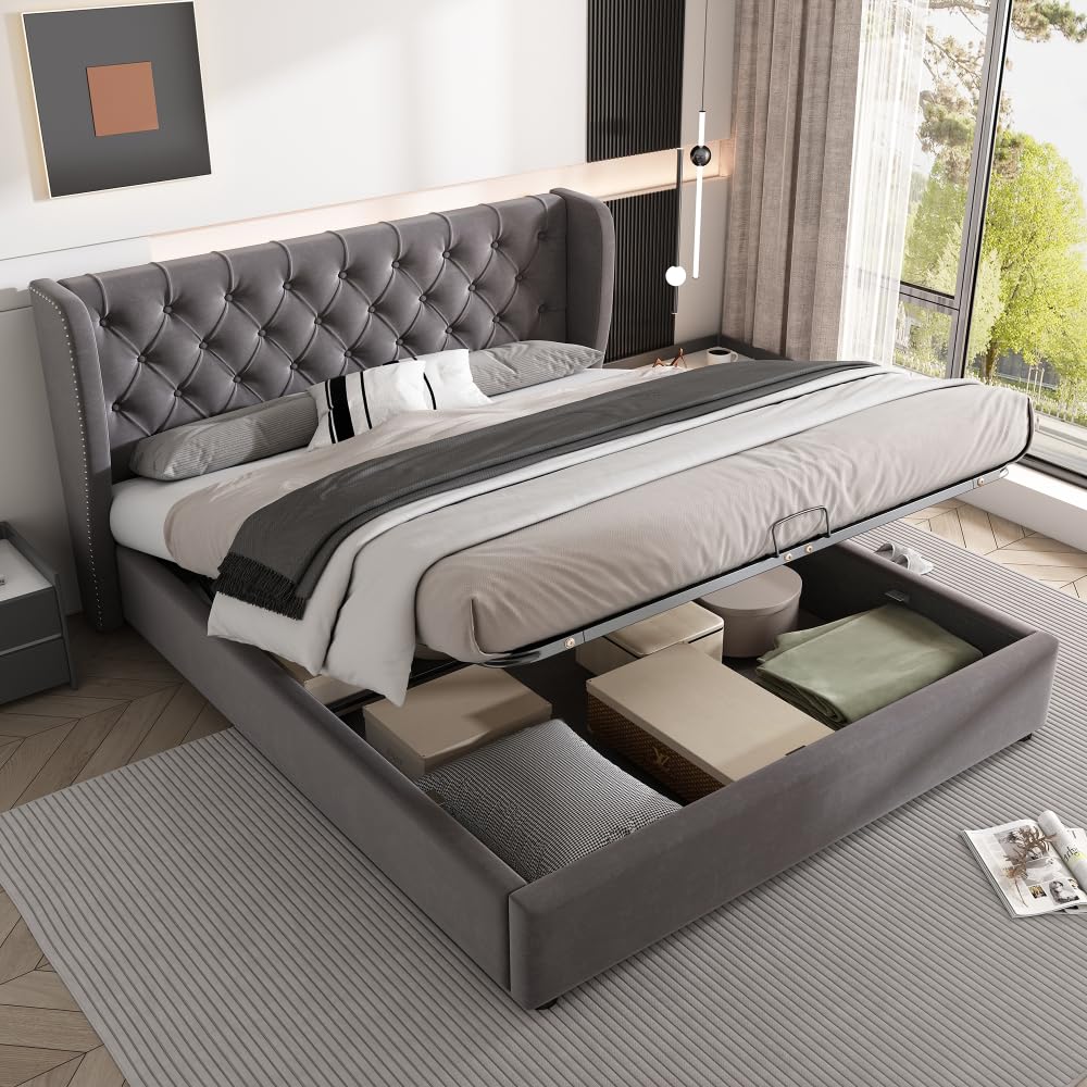Lubvtti Letto imbottito in velluto a forma di orecchio,letto matrimoniale con spazio di stoccaggio idraulico,letto contenitore matrimoniale con rete a doghe (Grigio,180x200)