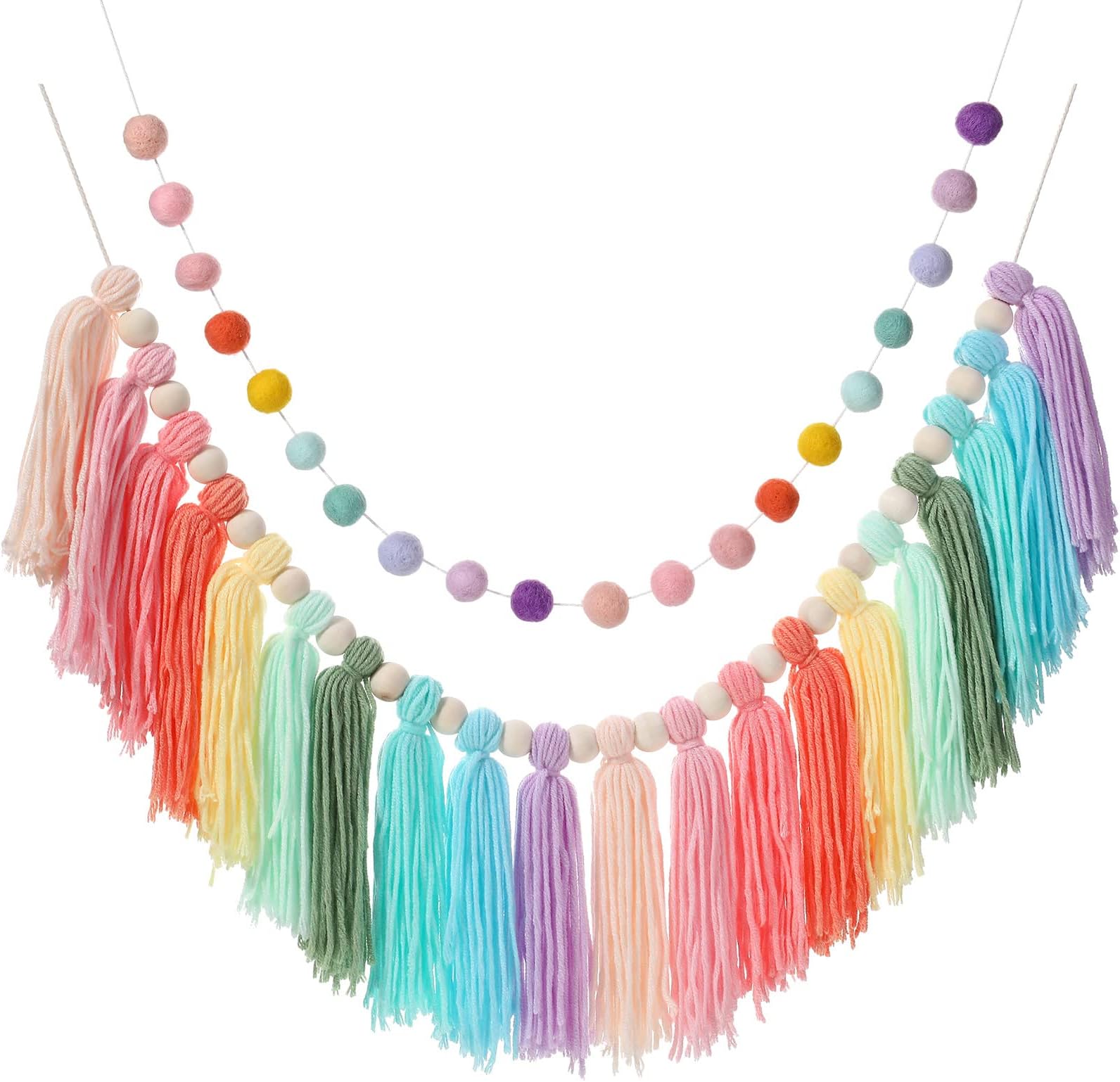 Rainbow Boho Tassel Wall Hanging With Wood Beads - Colorful - View #6