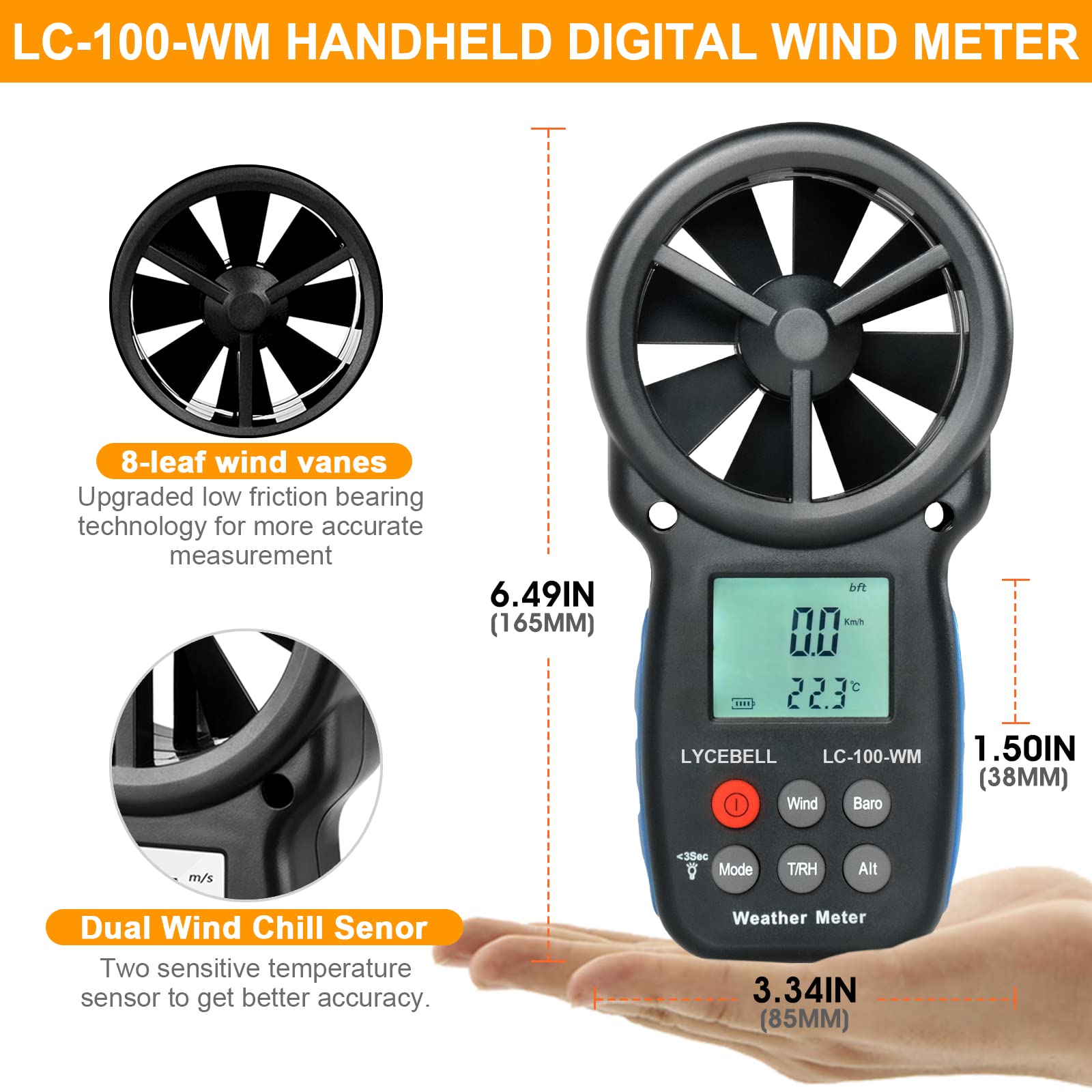 Digital Windmesser, LC-100-WM Handheld Anemometer zur Messung von Windgeschwindigkeit Temperatur Feuchtigkeit Altitude Luftdruck, Windmessgerät für HAVC Windsurfen Segeln Drohne