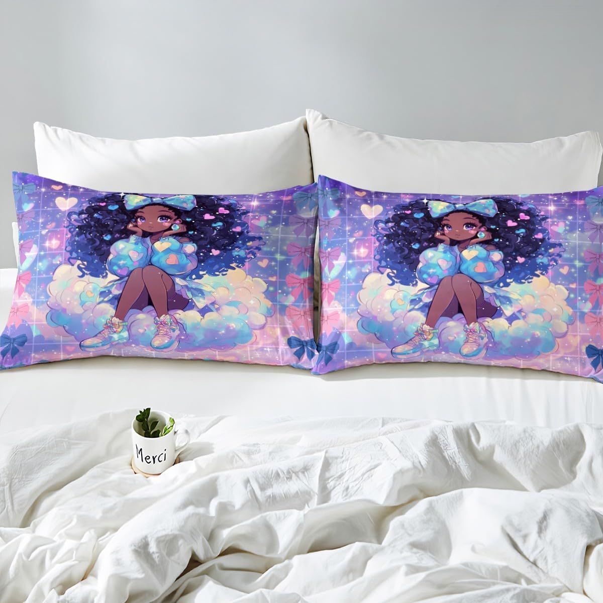 Cute Girl American Duvet Cover Twin for Kids Girls Teens,Watercolor Starry Sky 2 Pieces Duvet Cover,Cute Bowknots Princess Style Soft Comforter Cover (Not Comforter),Romantic Purple Quilt Cover
