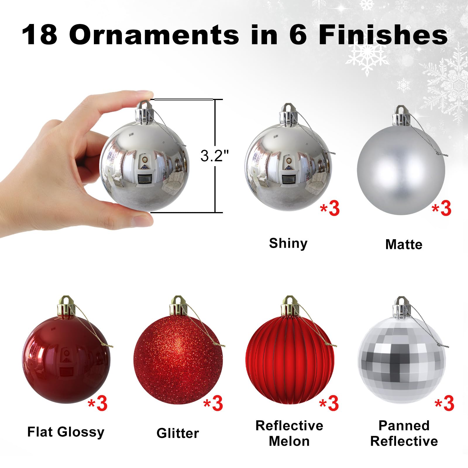 Lot de 18 grandes boules de Noël incassables à suspendre pour anniversaire, Halloween, vacances, mariage, décoration noel (argenté/rouge) - 8,1 cm