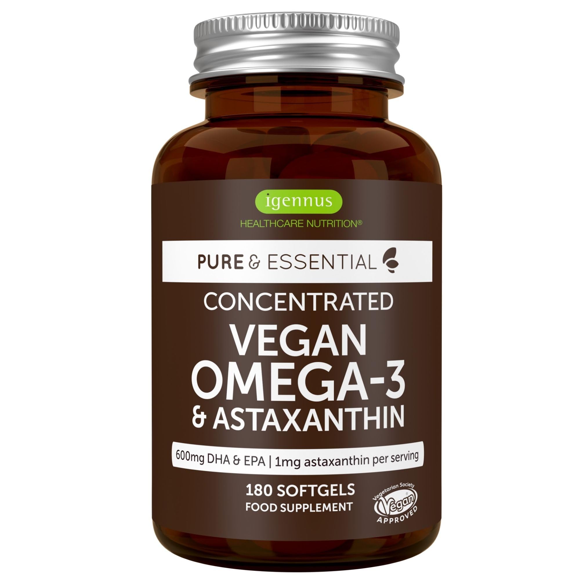 Omega 3 Vegano, Aceite de Algas & Astaxantina, 1344 mg Omega 3 Certificado, 180 Cápsulas Blandas, (DHA 400 mg + EPA 600 mg), Ingredientes Puros, Softgels fáciles de tragar, de Igennus