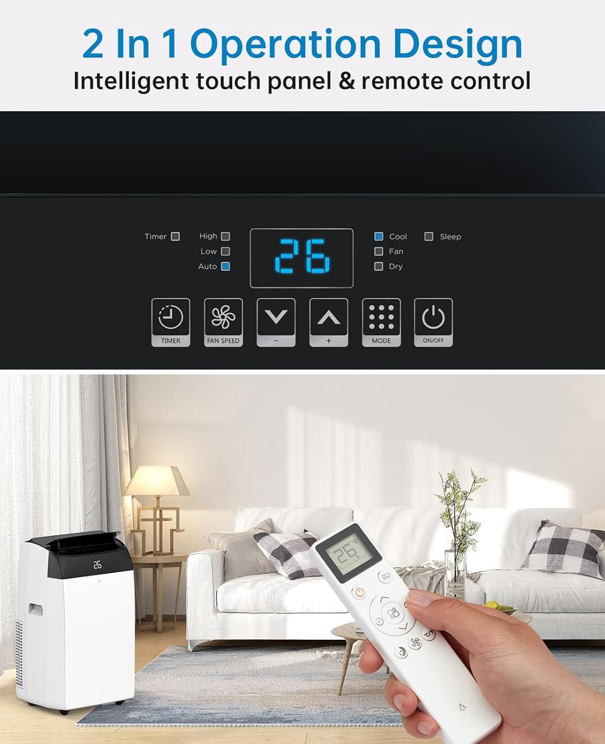 Rappresentazione visiva delle tre modalità del condizionatore d'aria portatile Acekool: Raffreddamento, Deumidificazione e Ventilazione.
