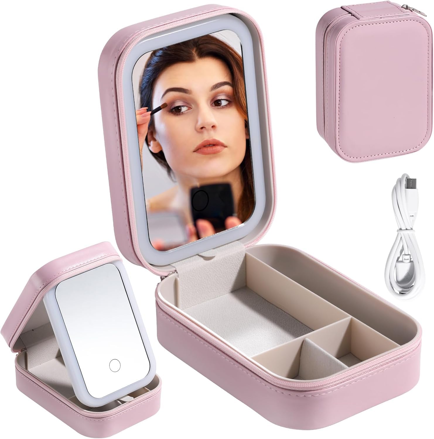 Travel Cosmetic Mirror Case LED Makeup Mirror Storage Case for Eyelash Station Brushes Cosmetic Tools On-The-go Makeup Needs (Pink)-image-11