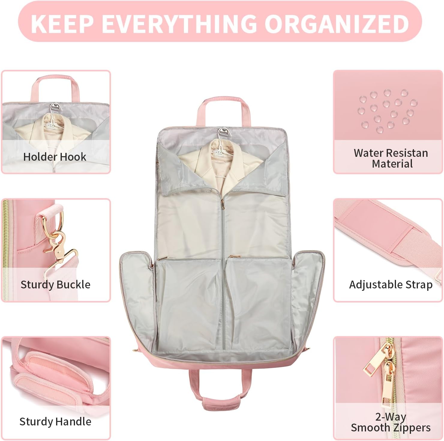 Garment Bag for Travel,Large Hanging Luggage Garment Bag Suit Bag with Adjustable Shoulder Strap Carry On Garment Bag Dress Bag for Women,Pink - Image 2