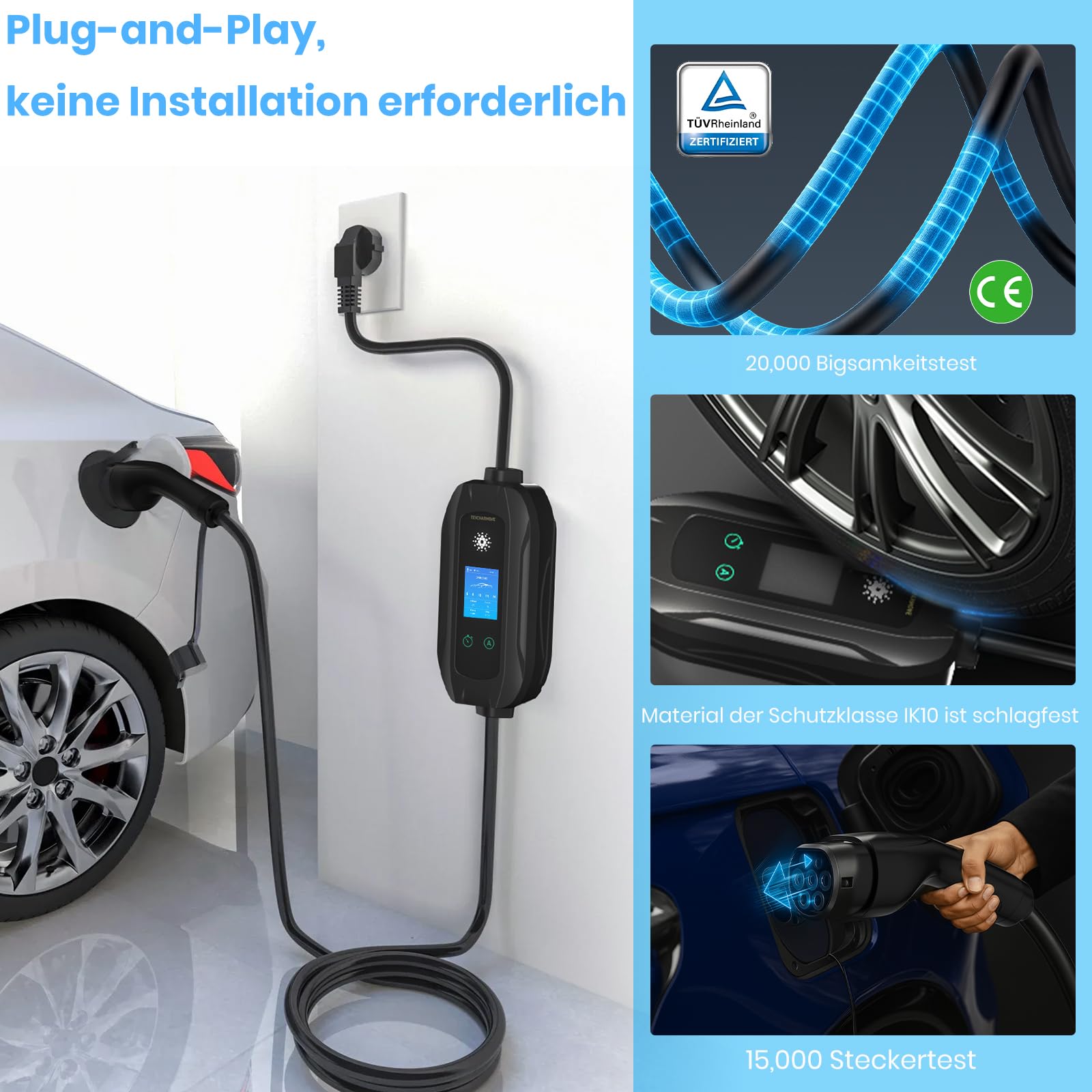 Mobile Wallbox 3.68KW Typ 2 Ladekabel, 5M|1-Phasig Ladekabel mit Schuko Stecker, 6-16A Tragbare EV Ladegerät mit Einstellbarer Ladeleistung, EV Charger Wallbox für Elektroauto & Hybrid (PHEV/EV)