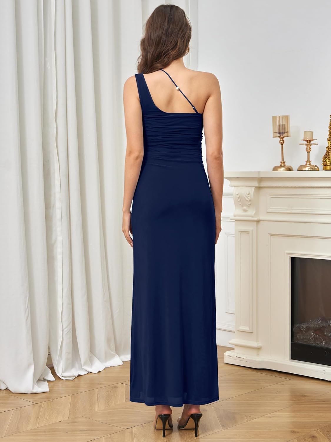 Yulaviniee Women's Bodycon Maxi Dress Sleeveless One Shoulder Mesh Long Dresses Party Club - Image 3