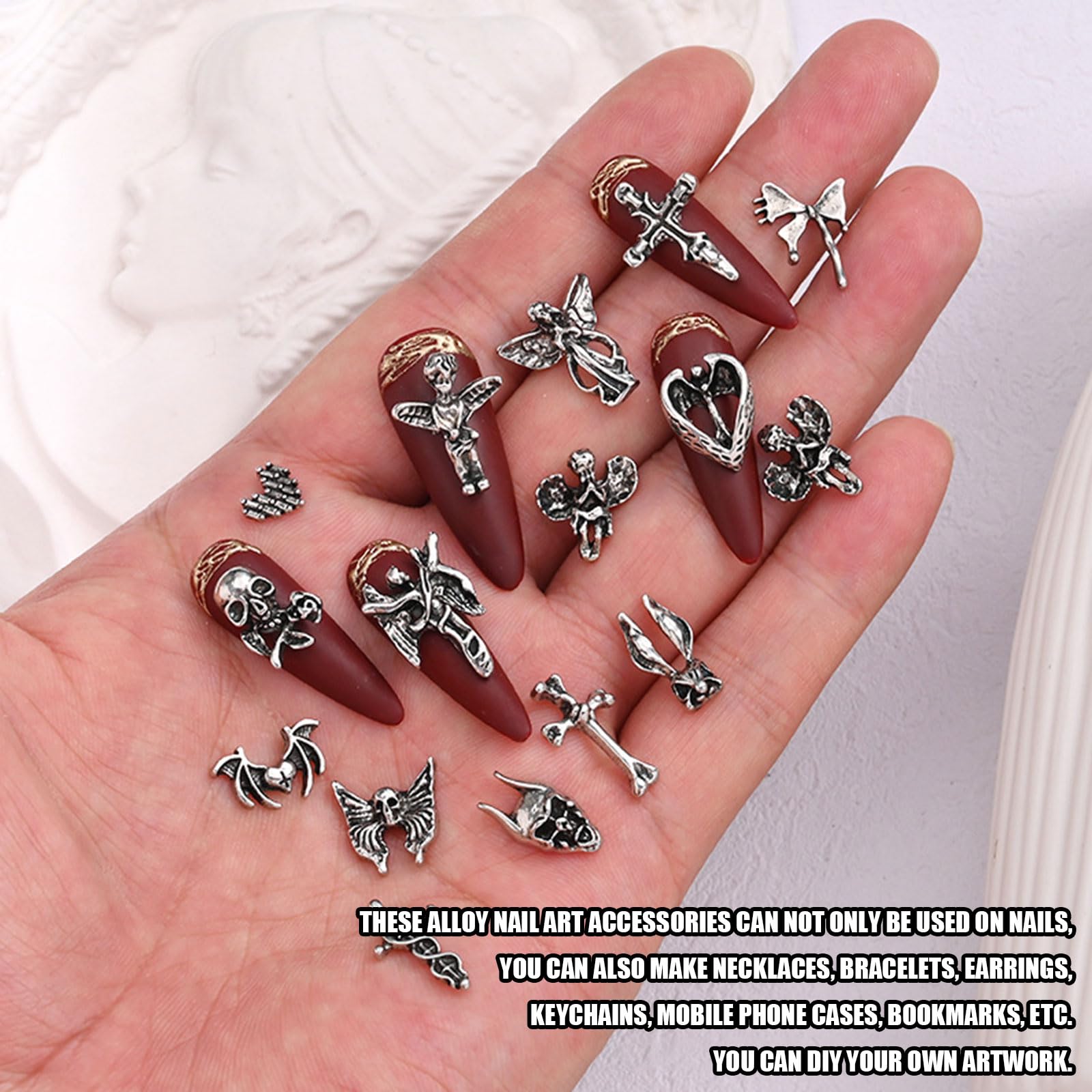 Cross Nail Charms,120Pcs Heart Bow Skull Bat Antique Silver Metal Punk Nail Decorations,Retro Gothic Rivet Accessories Nail Ornaments for Manicure Design DIY Crafts - Image 4