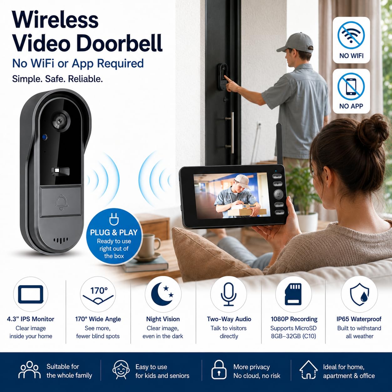 Timbre con Camara Exterior 1080P Videoportero Inalambrico con Pantalla IPS de 4,3 Pulgadas de Video, Audio Bidireccional, Visión Nocturna, 170° Gran Angular, Conexión Bluetooth, No Requiere WiFi