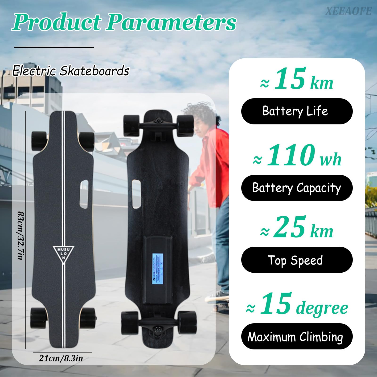 350W Elektrisches Skateboard mit Fernbedienung, 20/25 km/h Höchstgeschwindigkeit & 8/15 km Reichweite, Elektrisches Longboard für Erwachsene mit Vier Verstellbaren Geschwindigkeiten 15kM