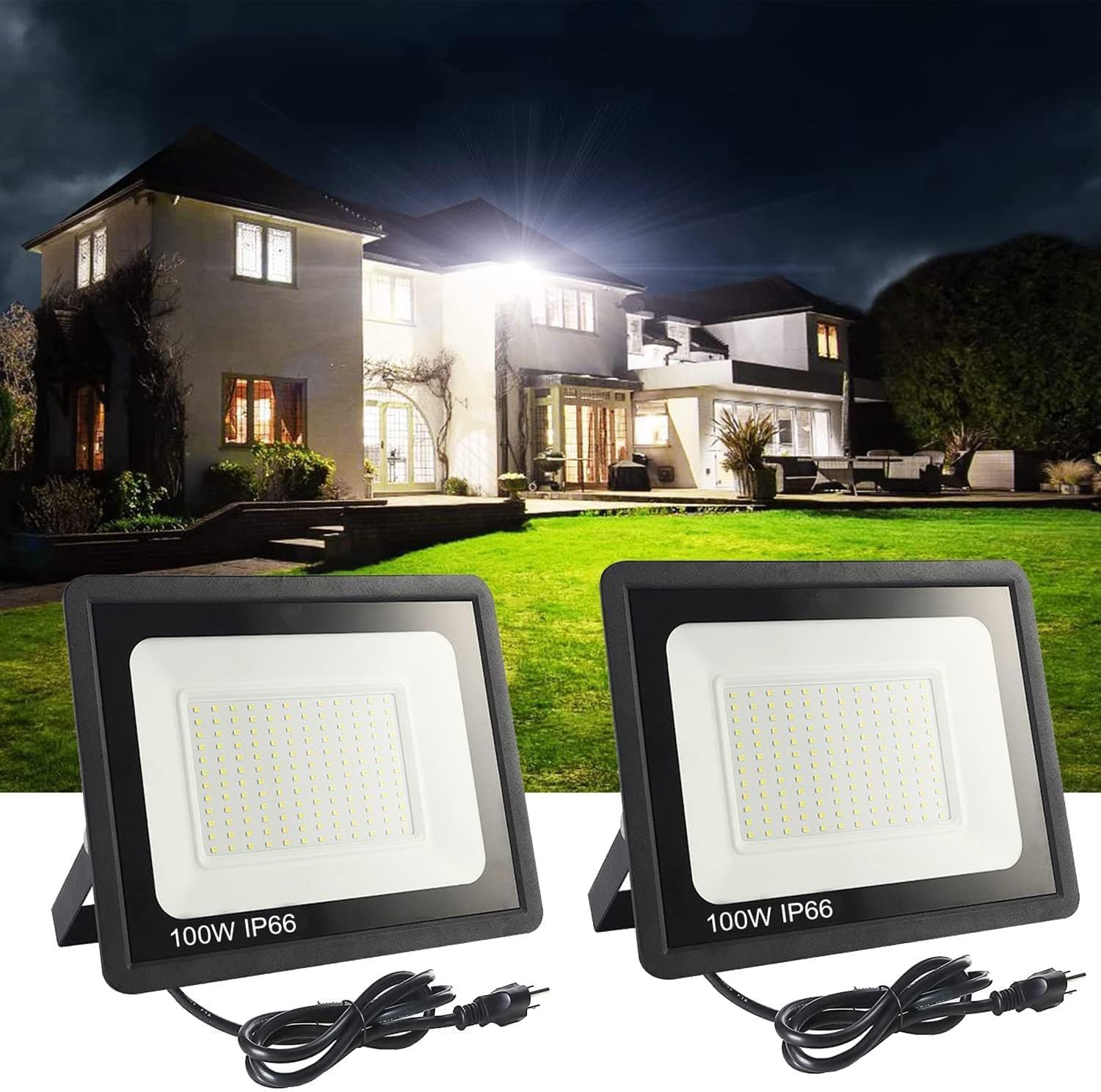 2Pack LED Flood Light Outdoor,100W LED Work Light 11000lmwith 6FT US Plug,IP66 Waterproof Exterior Security Lights,6000K Daylight White Outside Floodlights Slim Design for Playground Yard