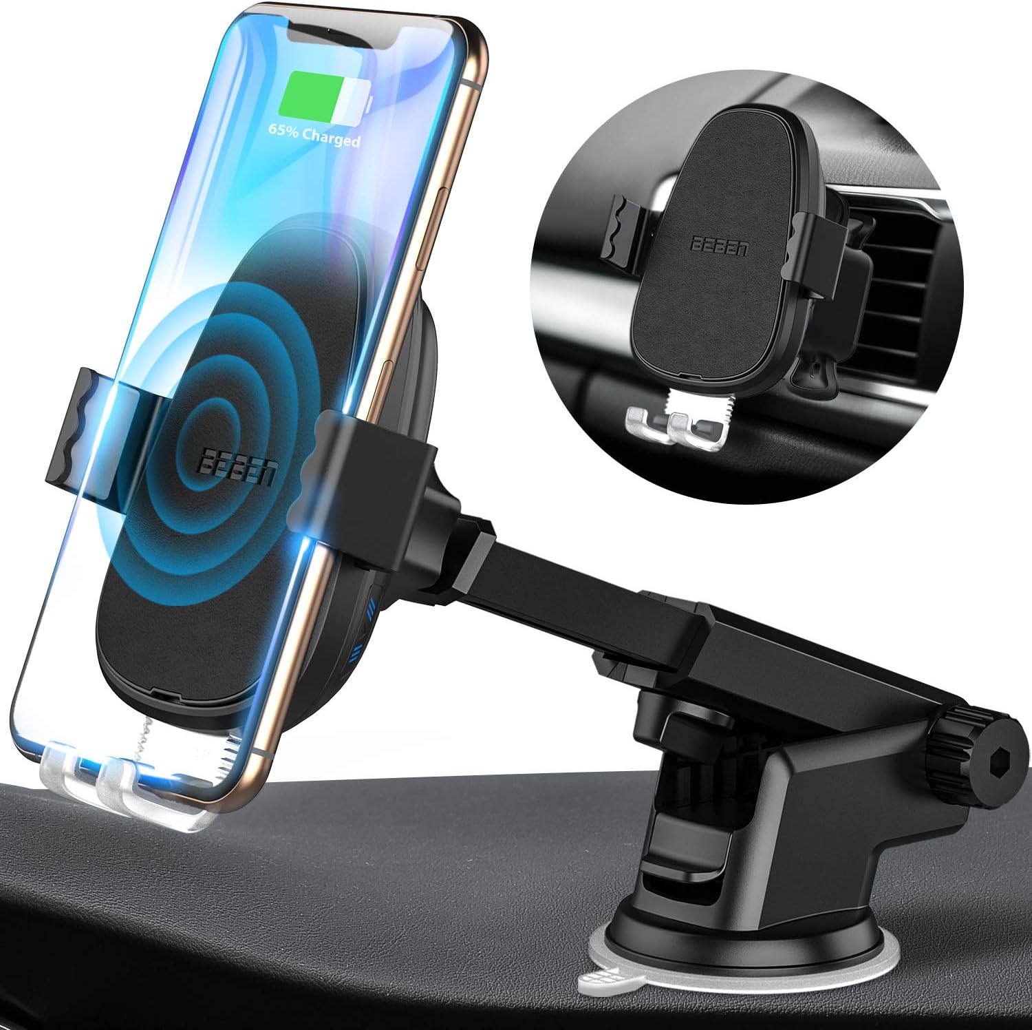 BEBEN Wireless Car Charger Mount, Automatic Clamping Windshield Dashboard Air Vent Phone Holder, Qi Fast Charging Compatible with iPhone Xs Max XR X 8 8+, Samsung and LG (Charger Adapter not Include)
