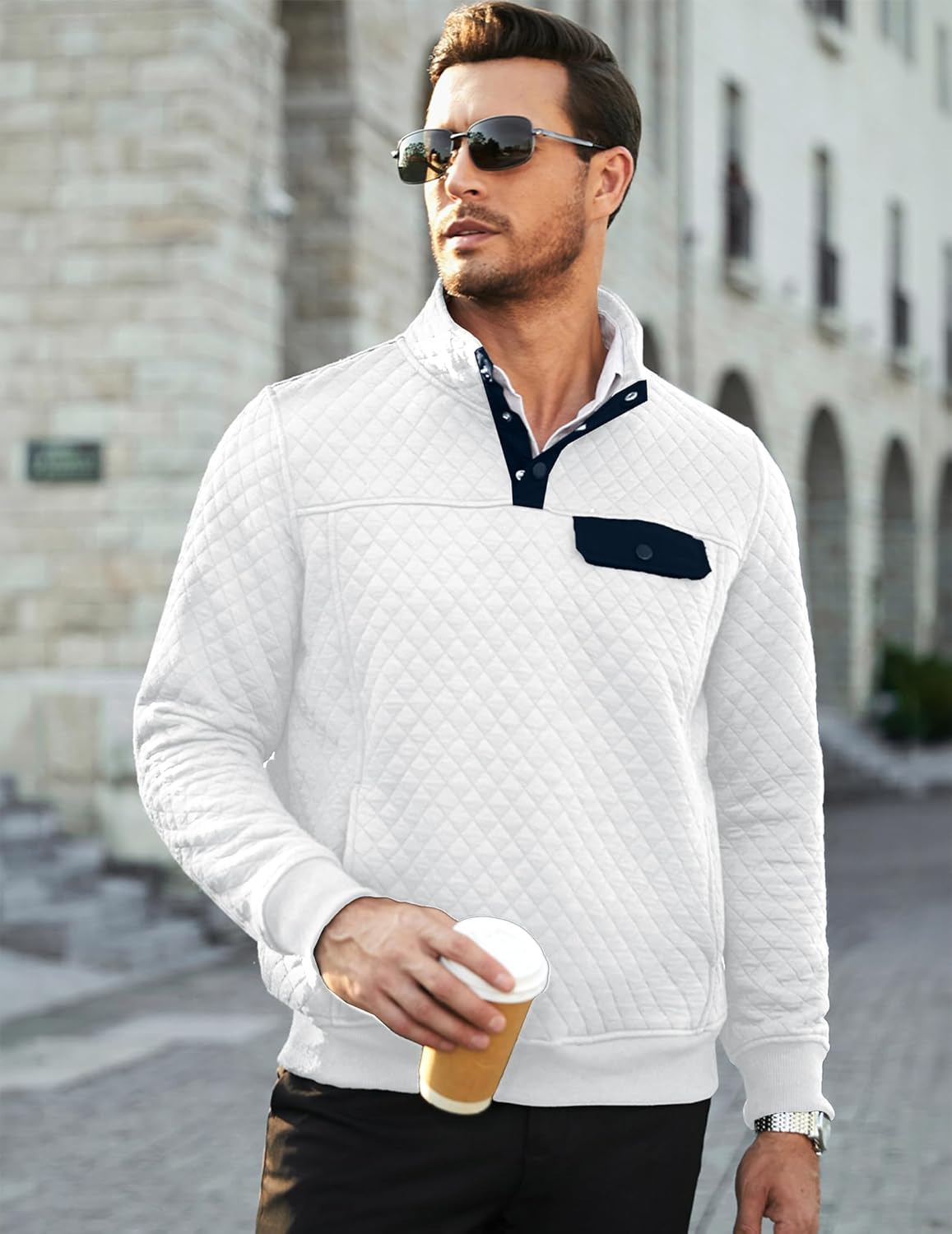 JMIERR Men's Quilted Sweatshirt Casual Long Sleeve Outdoor Stand Collar Button Pullover Sweatshirts - Image 3