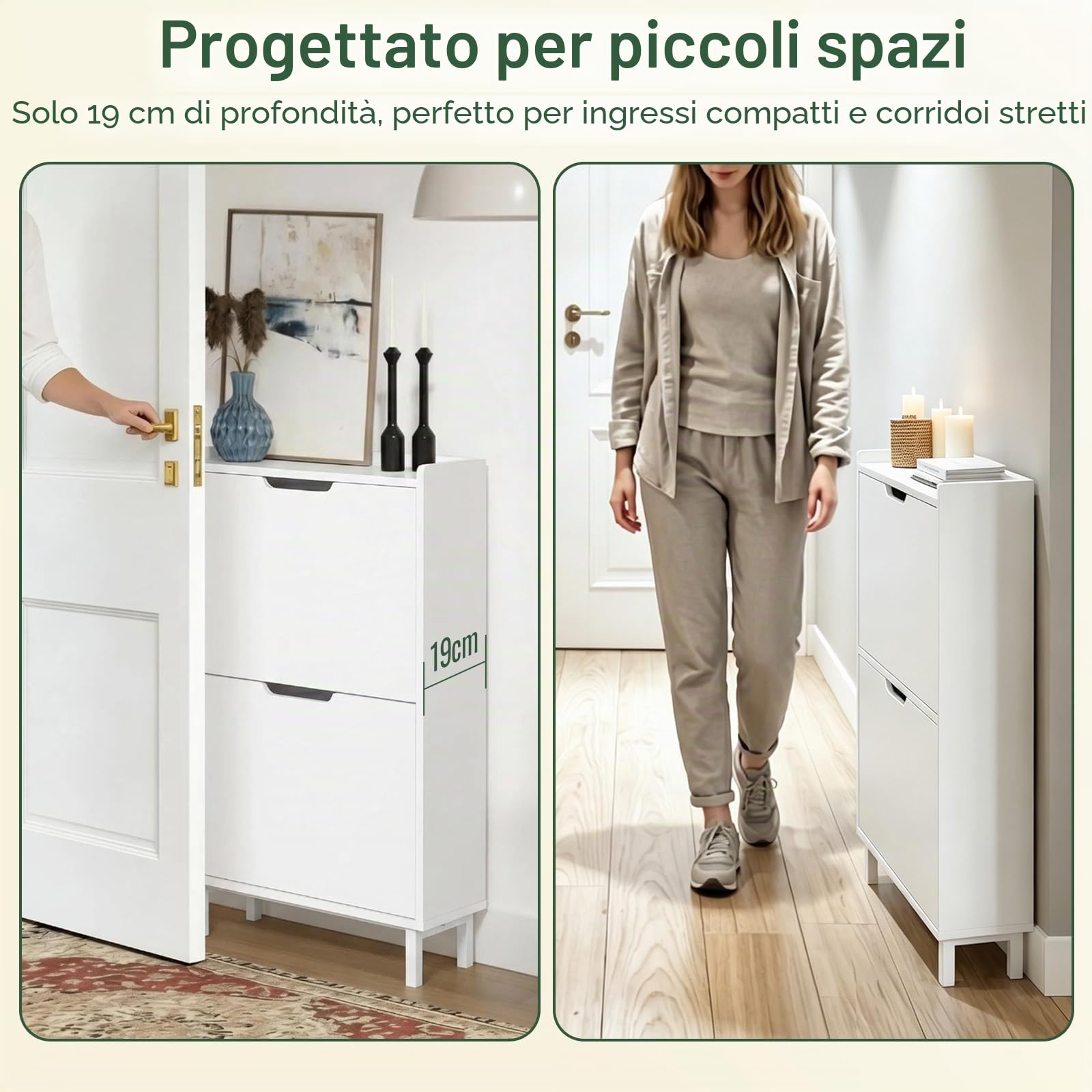 SoBuy Scarpiera Salvaspazio Slim da Ingresso Mobile Portascarpe con 2 Ante a Ribalta Regolabili in Legno Armadio Scarpiera Alta e Stretta per Corridoio, 50x19x90 cm，Bianco, FSR151-W
