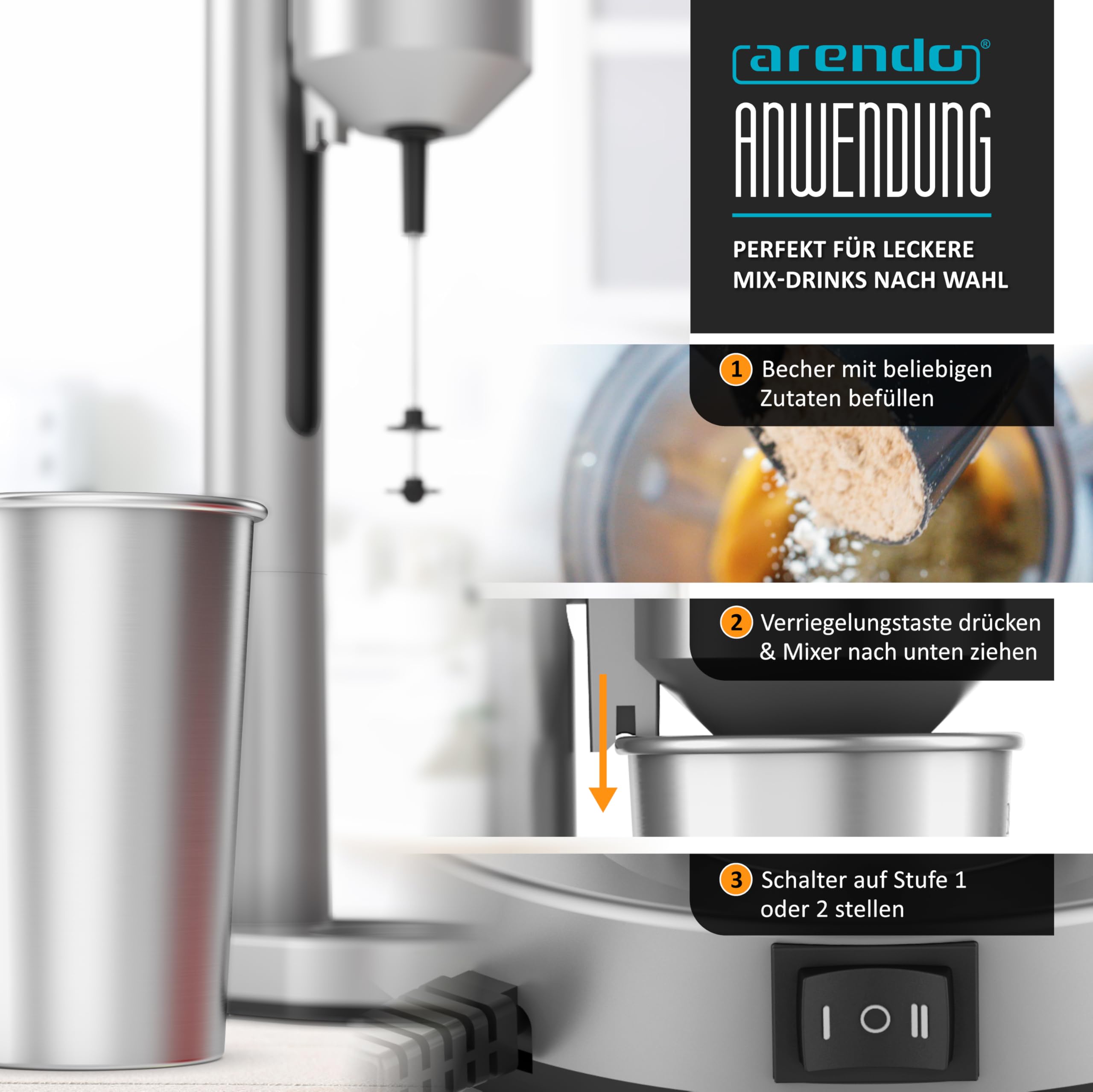 Arendo - Drink Mixer - Eiweiß Shaker - Getränkemixer - elektrischer Standmixer - 500 ml Becher - 22.000 U min - 2 Geschwindigkeitsstufen - Fitness Protein Drinks Smoothies Milchshakes Cocktails