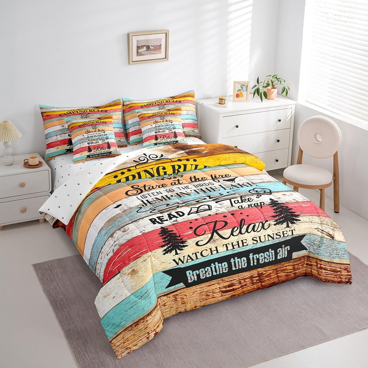 Erosebridal 7Pcs Camping Rules Bedding Queen, Rv Camper Decor Bed in a Bag with Flat Sheet and Fitted Sheet for Kids and Adults, Happy Camping Bedding Set with Pillowcases & Throw Pillow Covers