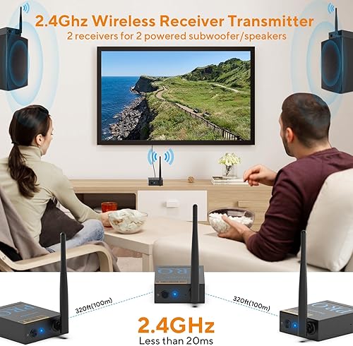 Miniatura 2 de 1Mii Receptor transmisor de audio inalámbrico 3 en 1 de 2.4 GHz para 2 subwoofers activosaltavoces activos, baja latencia de 20 ms, HiFi de 192