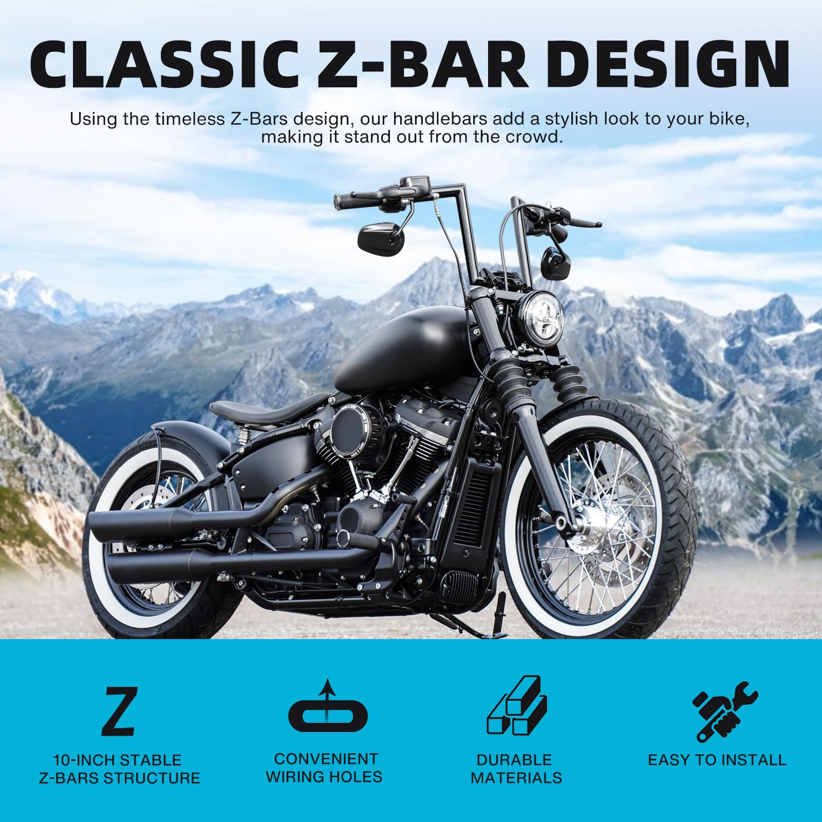 DREAMIZER Guidon Moto Z Bars 25 mm 1" pour Drag Custom avec 10 Pouces de Hauteur, Compatible avec Harley Honda Yamaha Suzuki Triumph Bobber Chopper Cruisers Sportster.