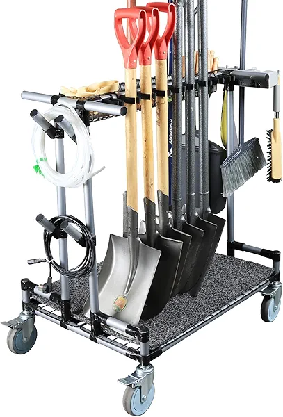Heavy-Duty Garden Tool Organizer Cart Ideal for Gardening, Upgraded 5-Inch Wheels for Lawn & Sand, Long-Handle Tool Storage