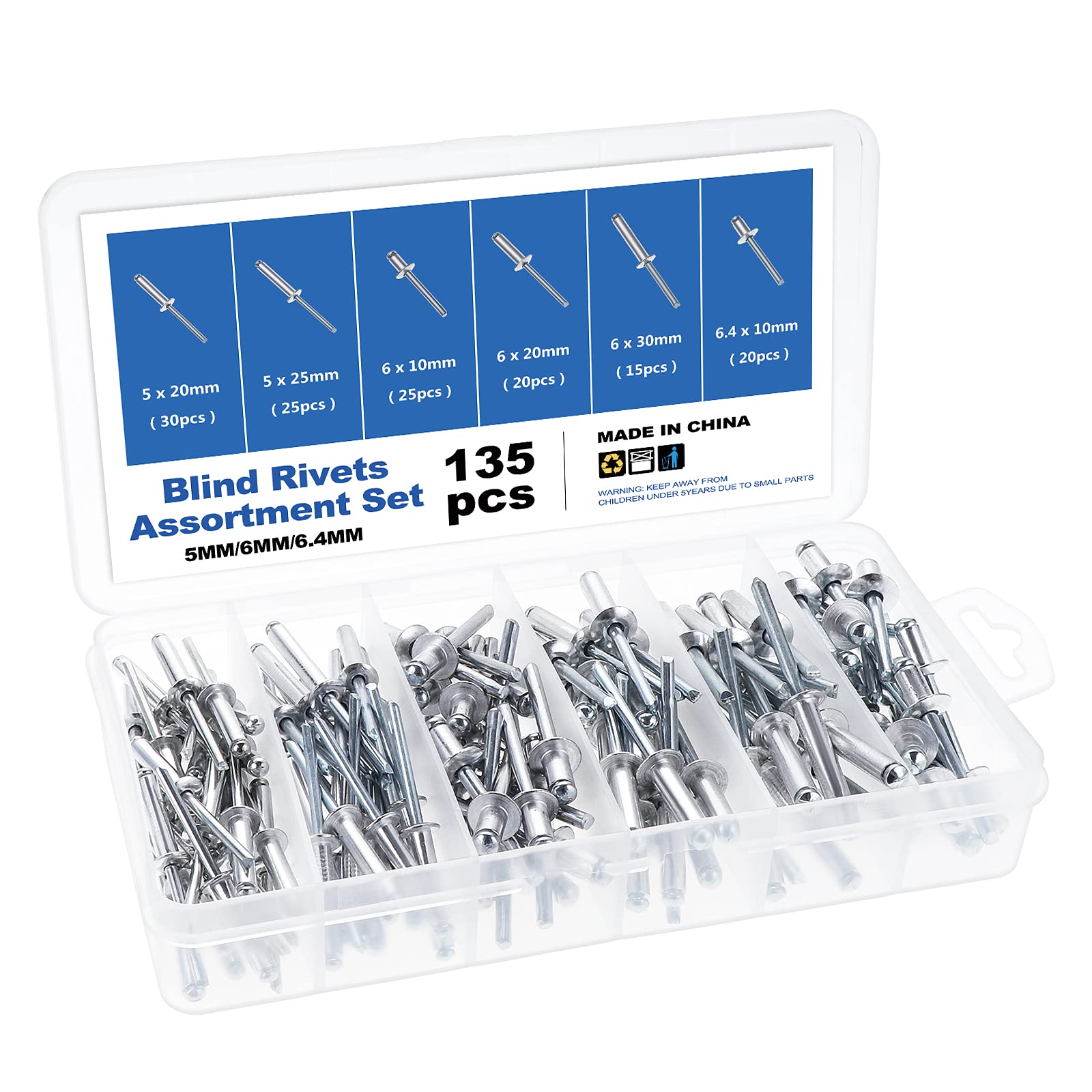 Gueenky 135 Stück Nieten Aluminium 5/6/6,4 mm, 6 Größen Silber Blindnieten Set Popnieten Sortiment mit Aufbewahrungsbox für Metall Holz Kunststoff