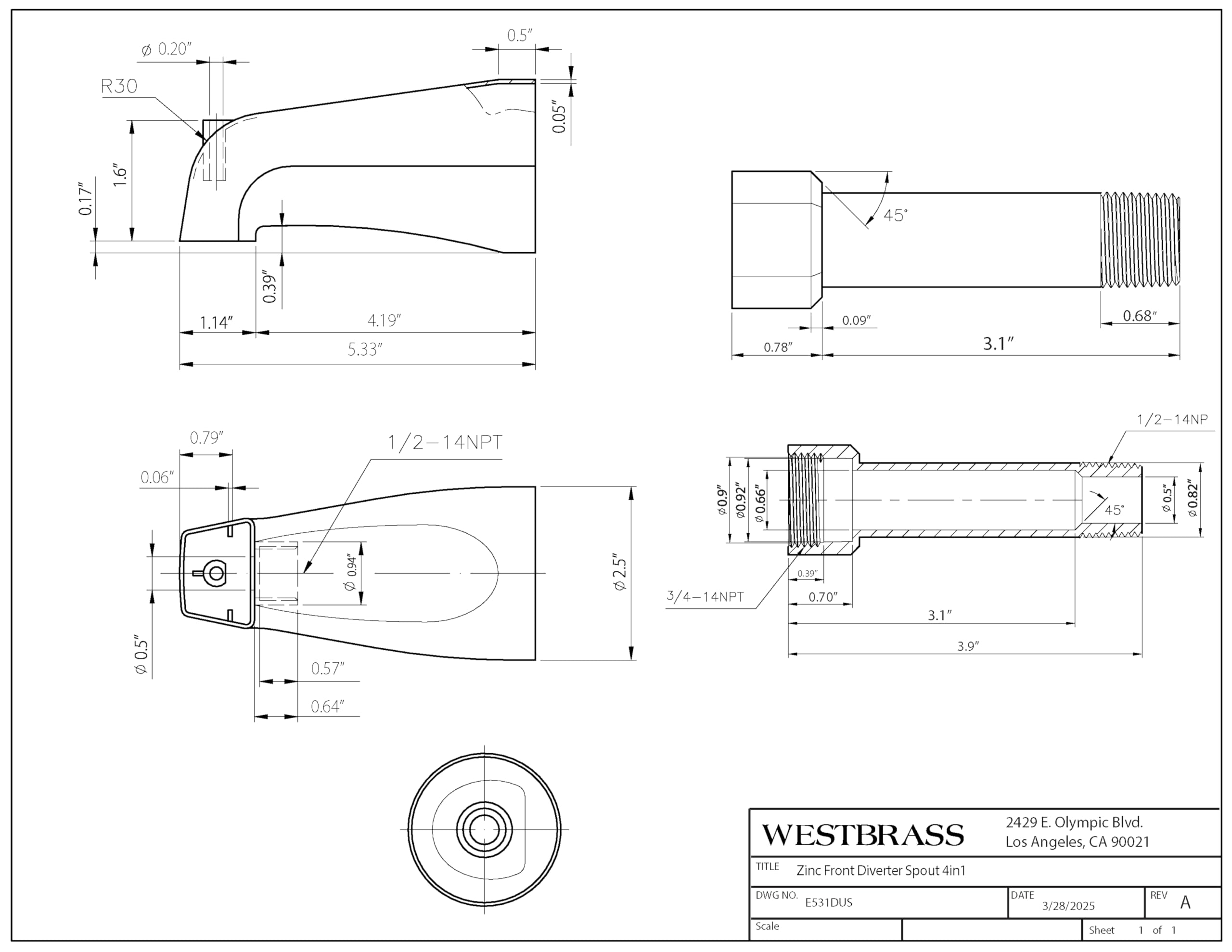 Westbrass E531DUS-07 - Boquilla desviadora universal de 5-1/4 pulgadas, zinc, níquel satinado