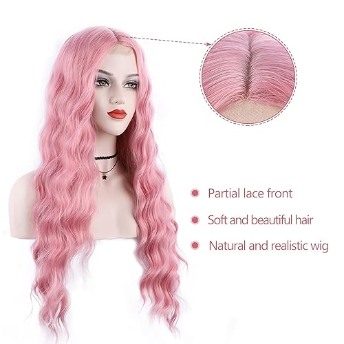 Miniatura 3 de 673HT - Peluca ondulada color rosa, cabello sintético de 28 pulgadas, resistente al calor, perfecta para cosplay, fiestas y uso diario