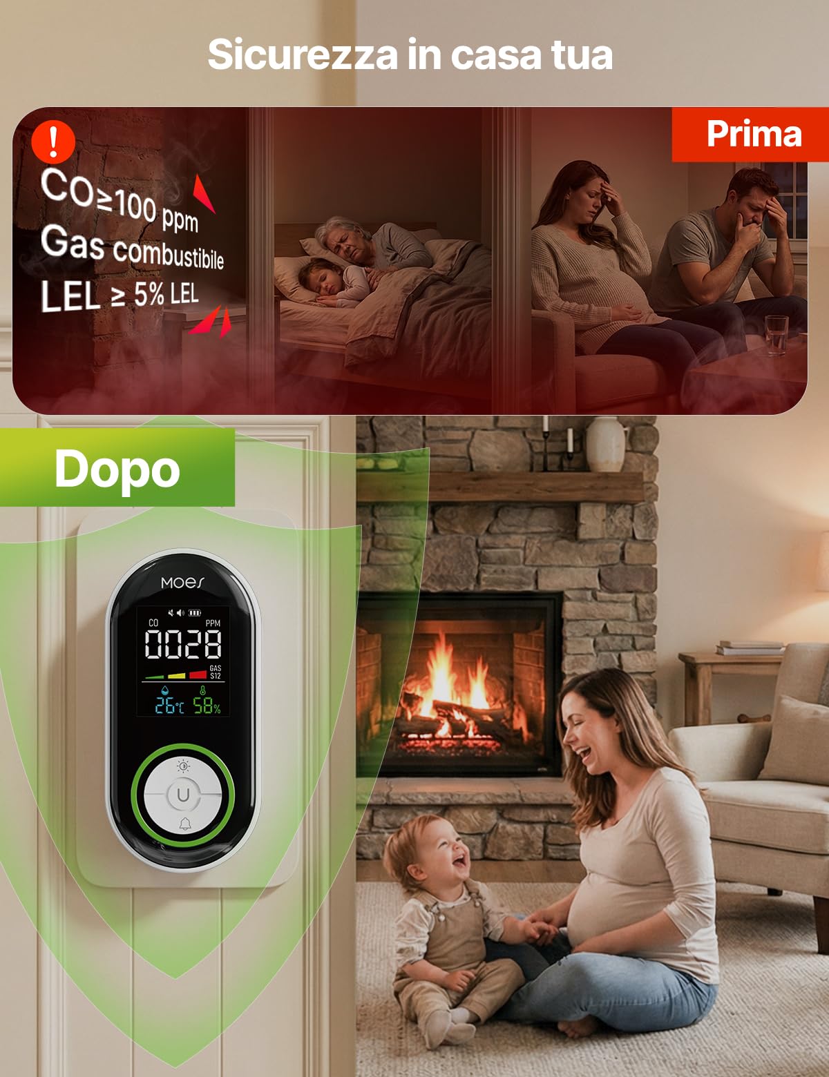 Rilevatore Monossido di Carbonio e Gas con Presa di Corrente - Rilevatore CO 4 in 1 con Sensore Temperatura & Umidità - Allarme Sonoro per GPL, Propano, Metano, Etano & CO - Per Casa e Camper