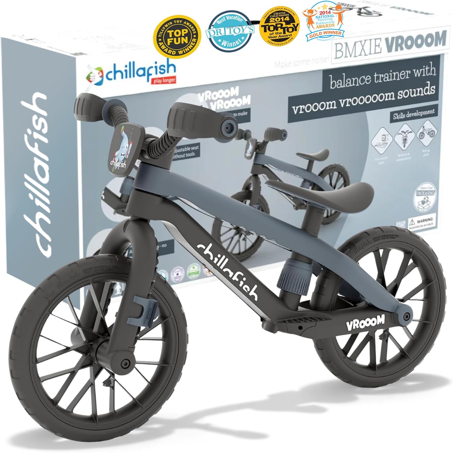 Chillafish BMXie Vroom, 12-Inch Balance Bike Trainer with Real VROOM VROOOM Sounds for Kids 2 to 5 Years, 12-inch Airless Rubberskin Tires, Adjustable Seat Without Tools, Anthracite