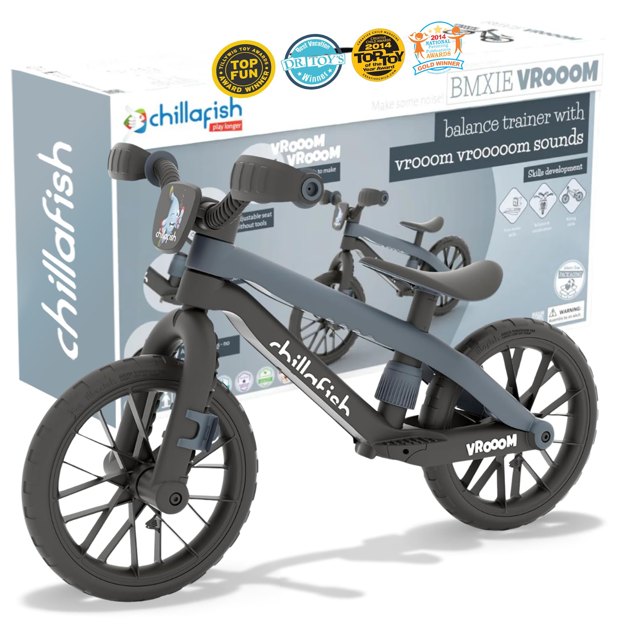 Chillafish BMXie Vroom Kids Balance Bike for 2 Year Olds - Anthracite/Mint | Lightweight Bicycle with Motor Sound Effects, Puncture-Proof Tyres, Adjustable Seat & Handguards | Toddlers Bikes 2-5 Years
