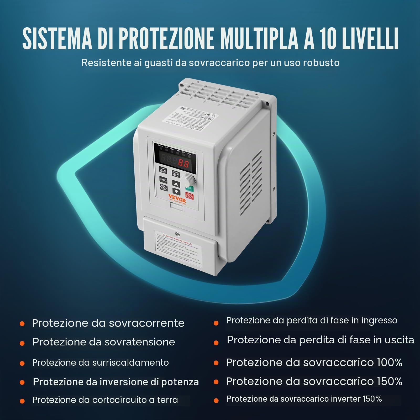 VEVOR Inverter Azionamento a Frequenza Variabile 2,2kW, Regolatore Convertitore Frequenza 3CV 10A 0-400Hz VFD Ingresso Monofase Uscita Trifase Regolatore Inverter di Controllo di Velocità del Motore