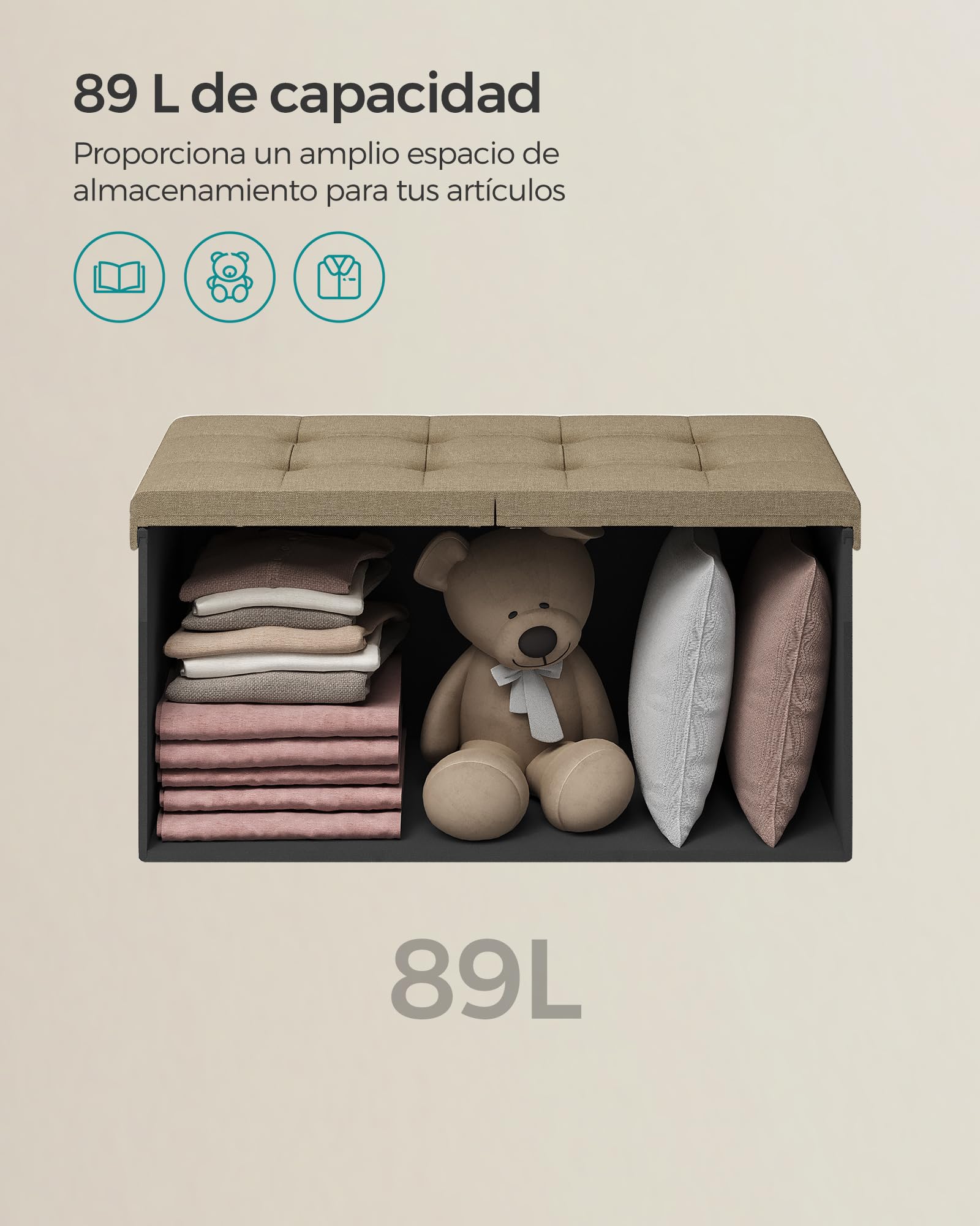 SONGMICS Puff Almancenaje, Banco Almacenaje Plegble, 38 x 76 x 38, Tapa Abatible, Taburete con Reposapiés, Carga de 300 kg, para Entrada Sala de Estar, Dormitorio, Marrón Camello LSF046K01