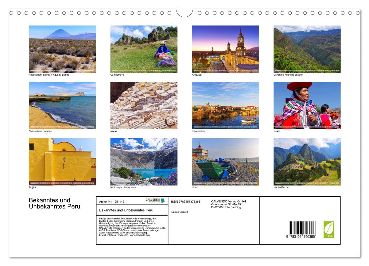 Bekanntes und Unbekanntes Peru (Wandkalender 2026 DIN A3 quer), CALVENDO Monatskalender: Peru ist der Inbegriff von Südamerika und ein Traumziel für Reisende. (CALVENDO Orte)