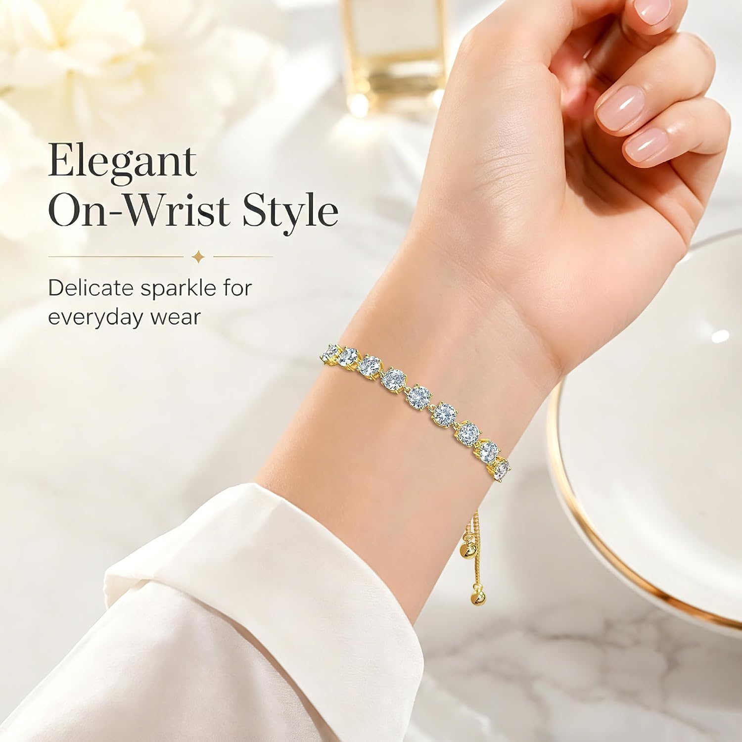 Gemsme 18K Gold Plated Tennis Bracelet for Women, 6mm Round & Princess Cut Brilliant Cut Cubic Zirconia Adjustable Bolero Bracelet, Dainty Sparkly CZ Inlaid Jewelry, Ideal Birthday Gift for Her, Fits 7.5 Inch Wrist or Below