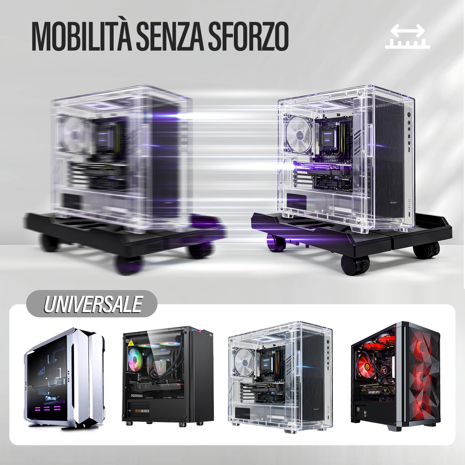 Supporto regolabile per computer, supporto per PC mobile da pavimento con ruote girevoli bloccabili, si adatta alla maggior parte dei PC, supporto per CPU sotto la scrivania per ufficio