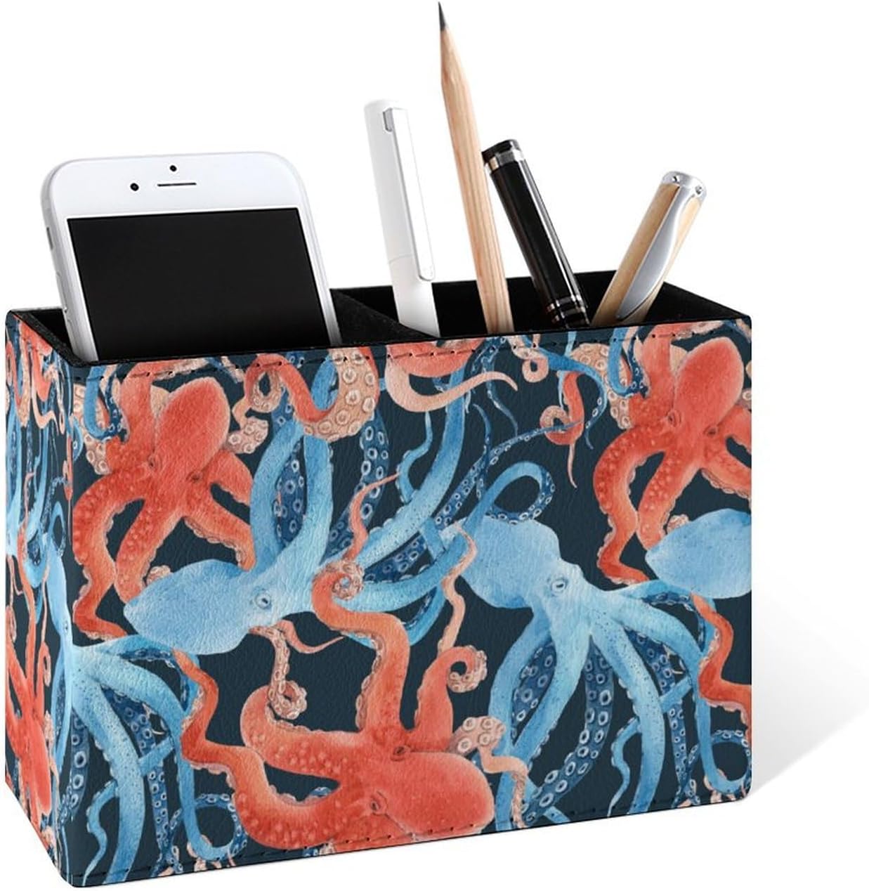 Famame Birds & Butterfly Tree Leather Pencil Holder - 2 Compartment Desk Organizer For Pens & Makeup Brushes