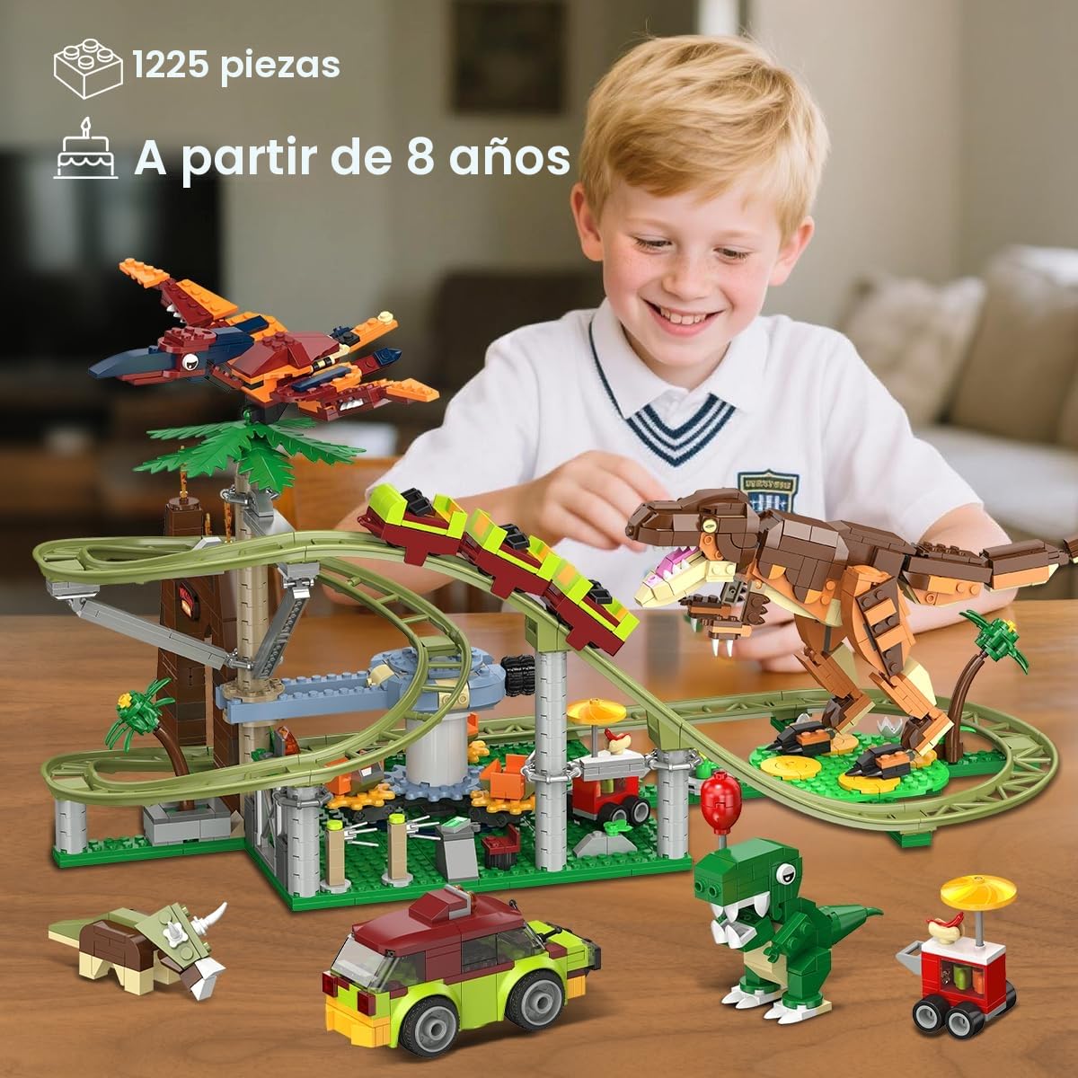 HOGOKIDS Juguete de Bloques de construcción de montaña Rusa de Dinosaurios – 1222 Piezas de Juguete de construcción de montaña Rusa con 4 Dinosaurios, vehículos Todoterreno, Modelos de Dinosaurio
