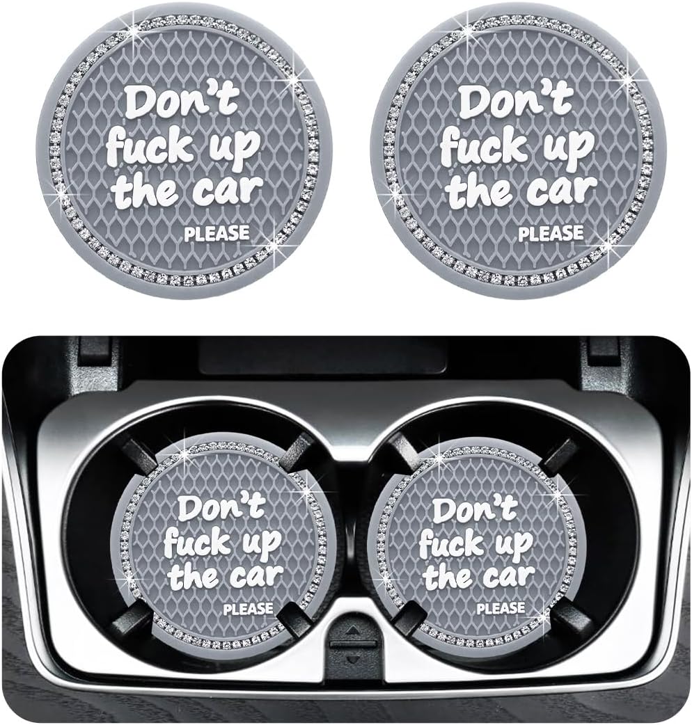 2 PCS Bling Car Cup Coaster, 2.75 Inch Non-Slip Don't Fuck Up My Car Please Cup Holder Insert Coaster, Crystal Rhinestone Auto Drink Cup Mat, Universal Car Accessories (Gray)