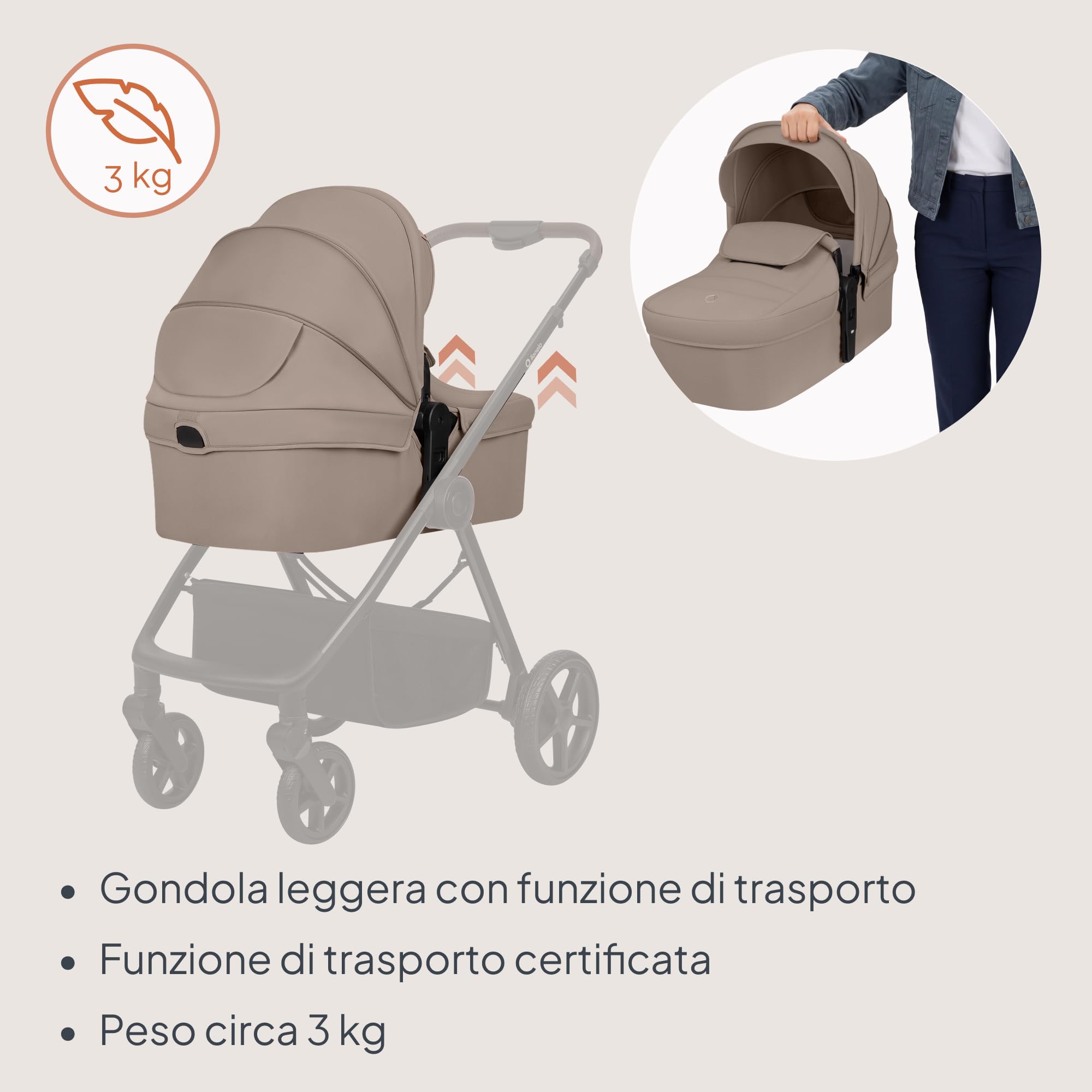 LIONELO Greet Passeggino Trio 3 in 1 Leggero da 0 a 4 Anni, fino a 22 kg | Sistema Modulare con Navicella, Seduta Reversibile e Seggiolino Auto, Sospensioni, Posizione Reclinata, Cappottina UPF50+