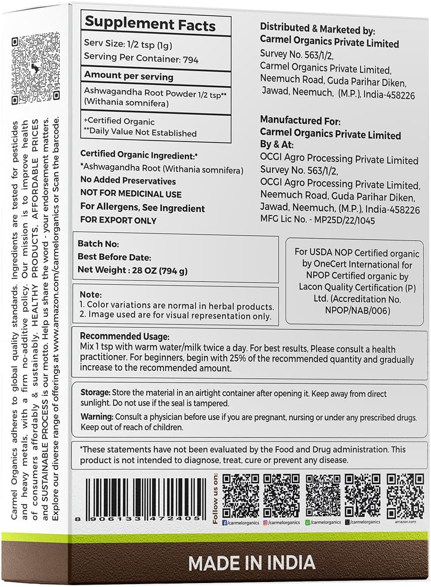 CARMEL ORGANICS Organic Ashwagandha Root Powder (28 Oz or 794g/1.75 Lbs) USDA Certified. Lab Tested, Non GMO & Gluten Free | Withania Somnifera from India