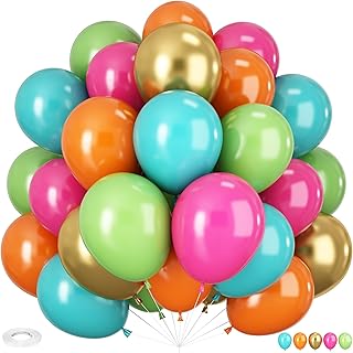 Kit de globos tropicales, 60 globos hawaianos de 12 pulgadas, color rosa intenso, naranja, verde azulado, dorado, metálico, globos de látex coloridos para baby shower, fiesta de cumpleaños de verano,