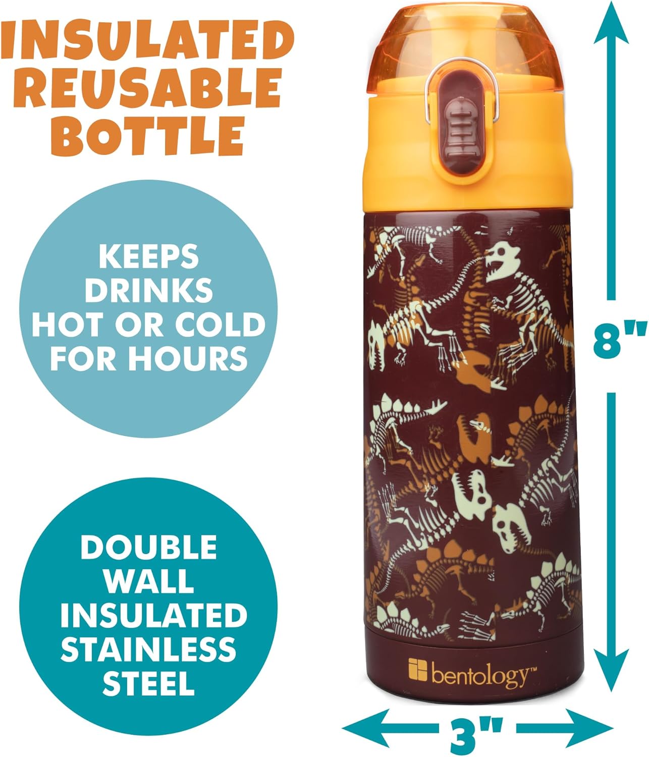 Bentology Stainless Steel 13 oz Reusable Water Bottle for Kids, Dinosaur - Double Wall Insulated, Spill Proof Lid w/Built-in Straw- Keep Liquids Hot or Cold For Hours- Fits in Lunch Boxes & Bags - Image 3