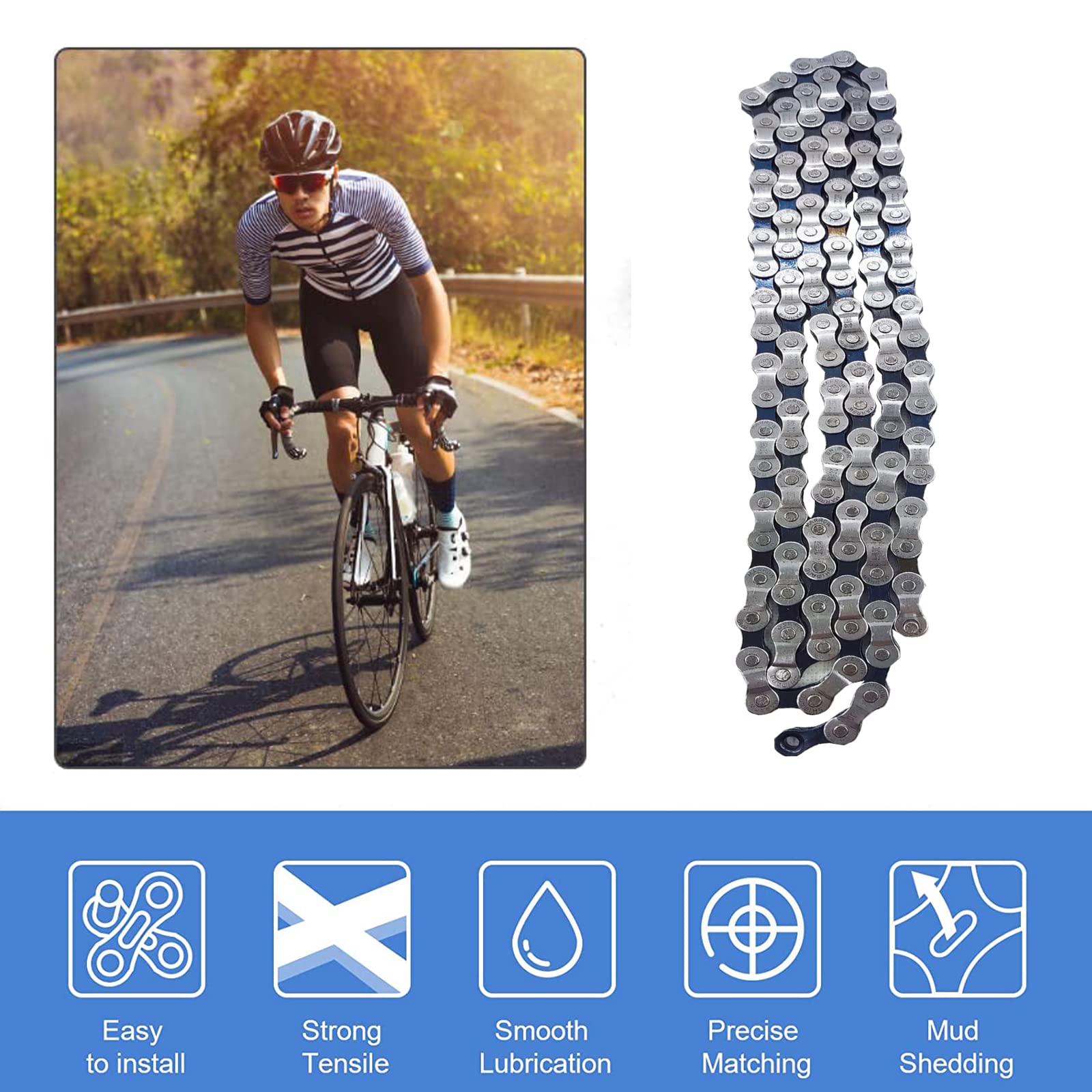 Chaîne De Vélo 6/7/8 Vitesses - 116 Maillons, Acier Carbone Plaqué Or, Compatible VTT Et Route