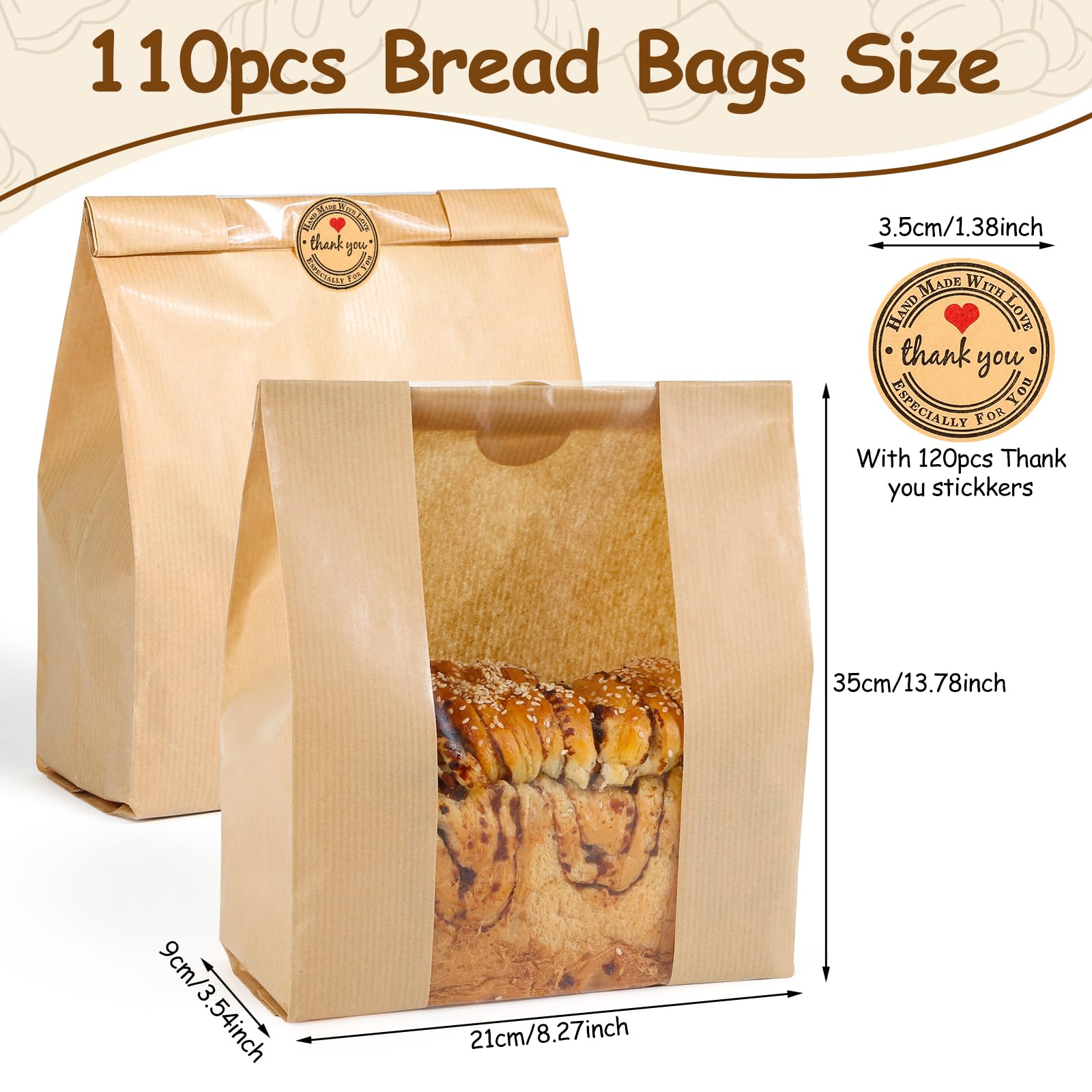 110 bolsas de pan para pan casero con masa madre de ventana, 35 x 21 x 9 cm, bolsas de papel Sublaga con 120 calcomanías de sellado, embalaje y almacenamiento de productos horneados adecuadas para
