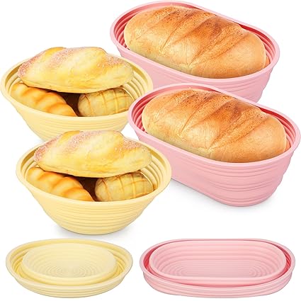 Nuogo 4 Pcs Bread Proofing Basket Silicone Sourdough Bowl, 10 Inch Oval and 9 Inch Round Bread Baking Supplies Tools, Gifts for Bakers Home Baking Starter Baking Lovers (Yellow, Pink)