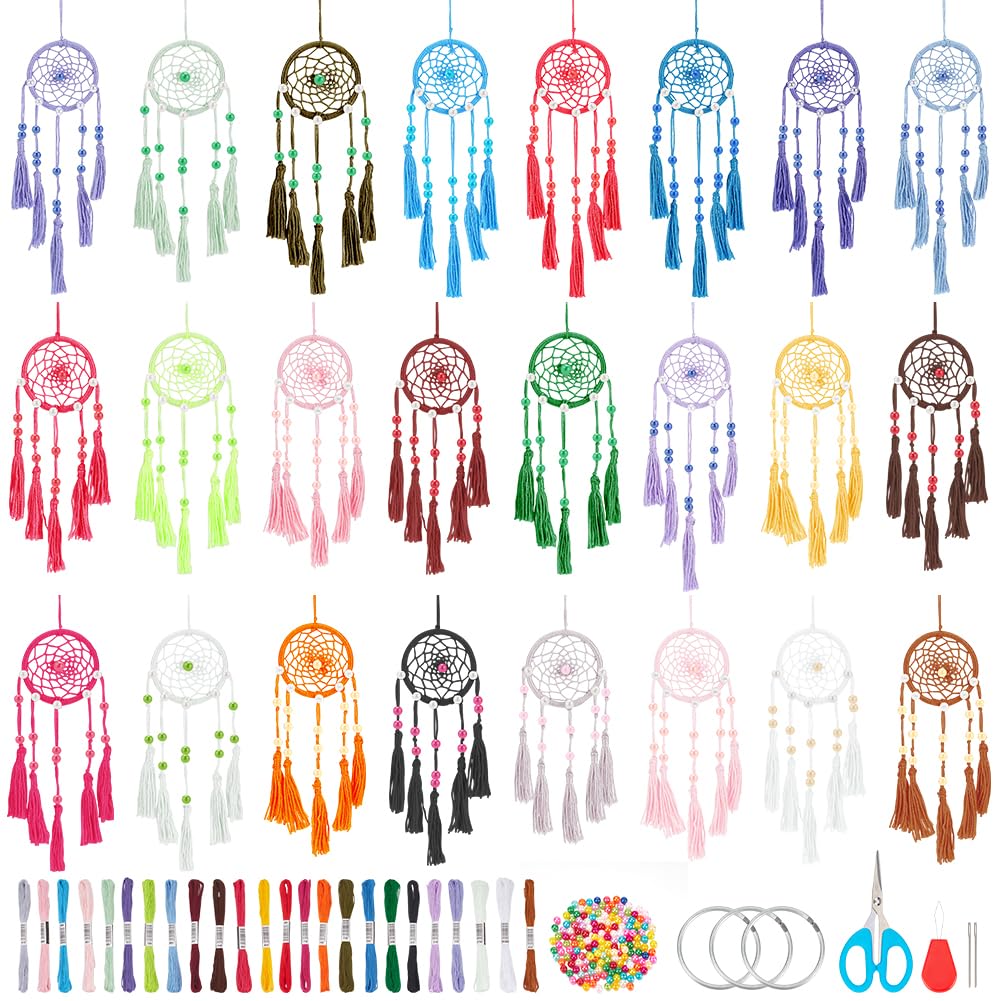 INFUNLY 24PCS DIY Small Dream Catcher Kits for Beginners Colorful Handmade Dreamcatcher Kit for Starters DIY Mini Ornament Making Kit for Bedroom Car Mirror Keychain bag Bohemian Decoration Craft Gift