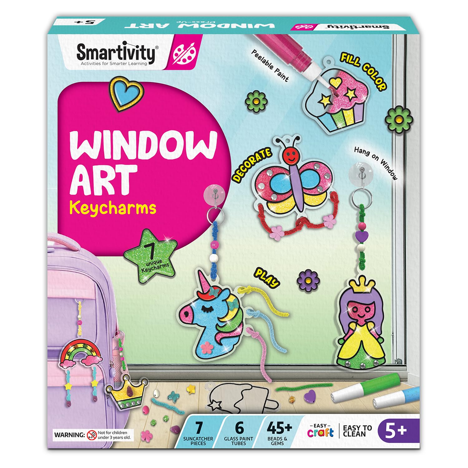 SmartCraft Window Art Keycharms for Girls 5 to 10 Years, Glass Painting | Create Princess, Unicorn, Rainbow, Butterfly & Many More |Birthday Gift for 5, 6, 7, 8, 9, 10| Sun Catcher Craft Activity Kit