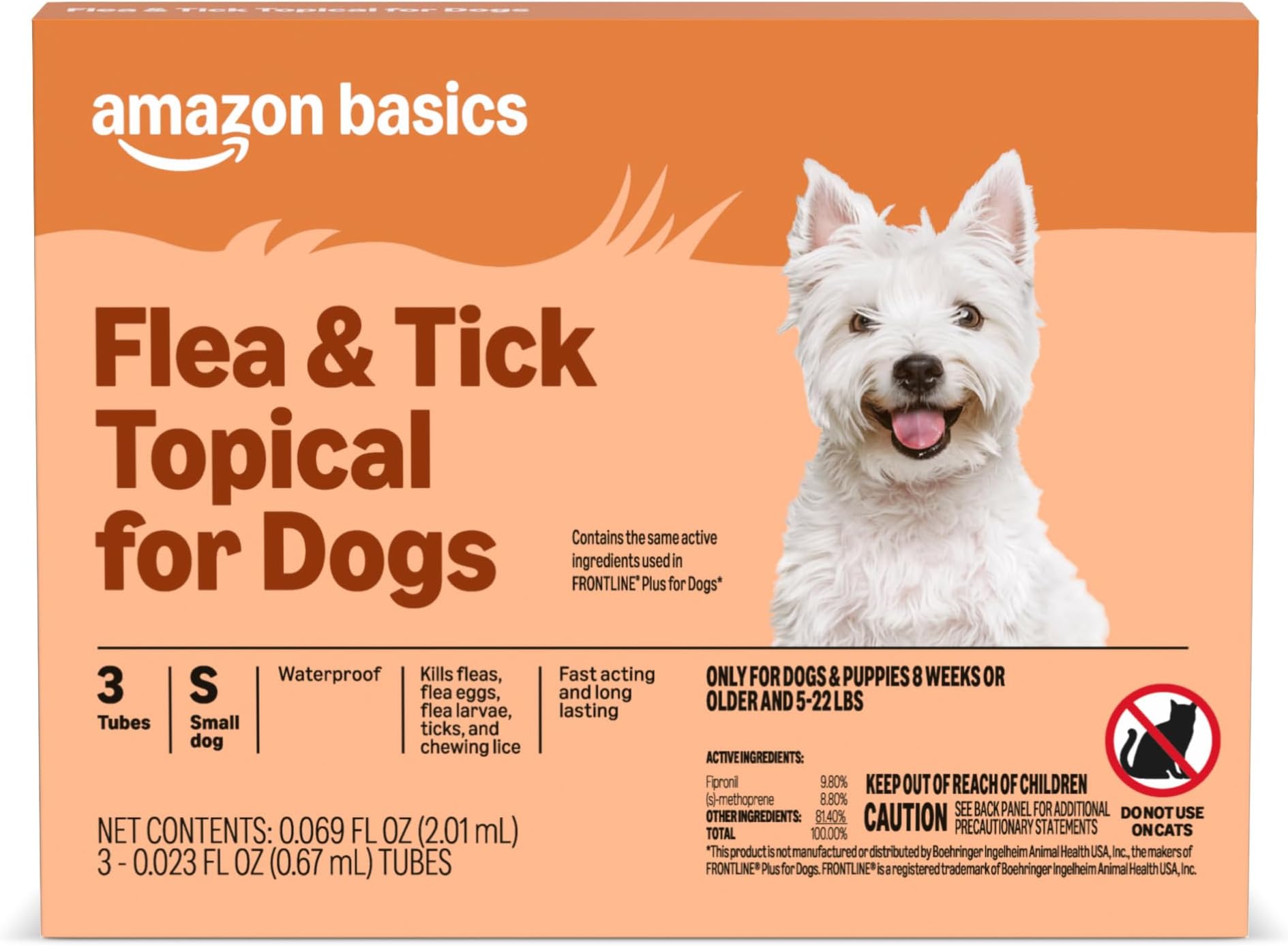 Amazon Basics Preventative Flea and Tick Topical Treatment for Dogs, Small (5-22 lbs), Fast Acting and Long Lasting, 3 Counts, Packaging May Vary