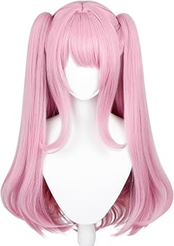 Half & Half Pink Ponytail Wig with Bangs Long Curly Pink Anime Cosplay Twin Tail Wig for Women Girls Halloween Daily
