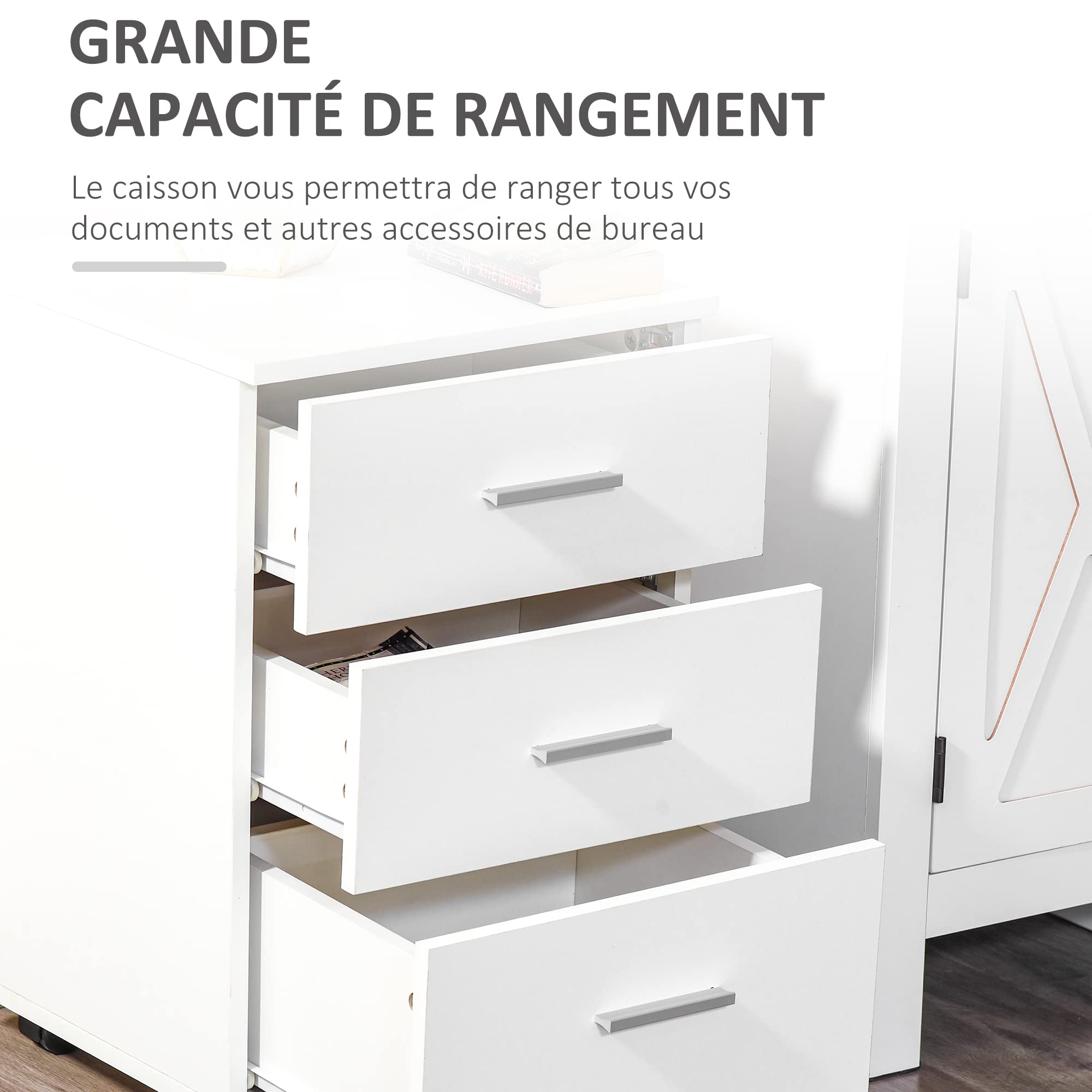 HOMCOM Caisson de Bureau Rangement Bureau sur Roulettes 3 Tiroirs Verrouillables 40 x 40 x 61,5 cm Blanc